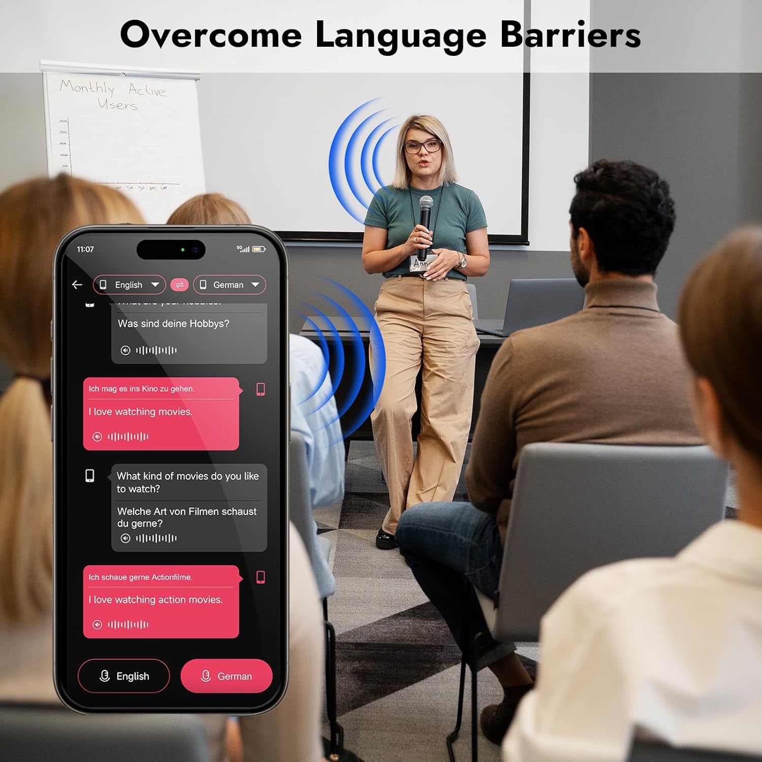 AI translation earbuds helping overcome language barriers in real-time conversations between international travelers