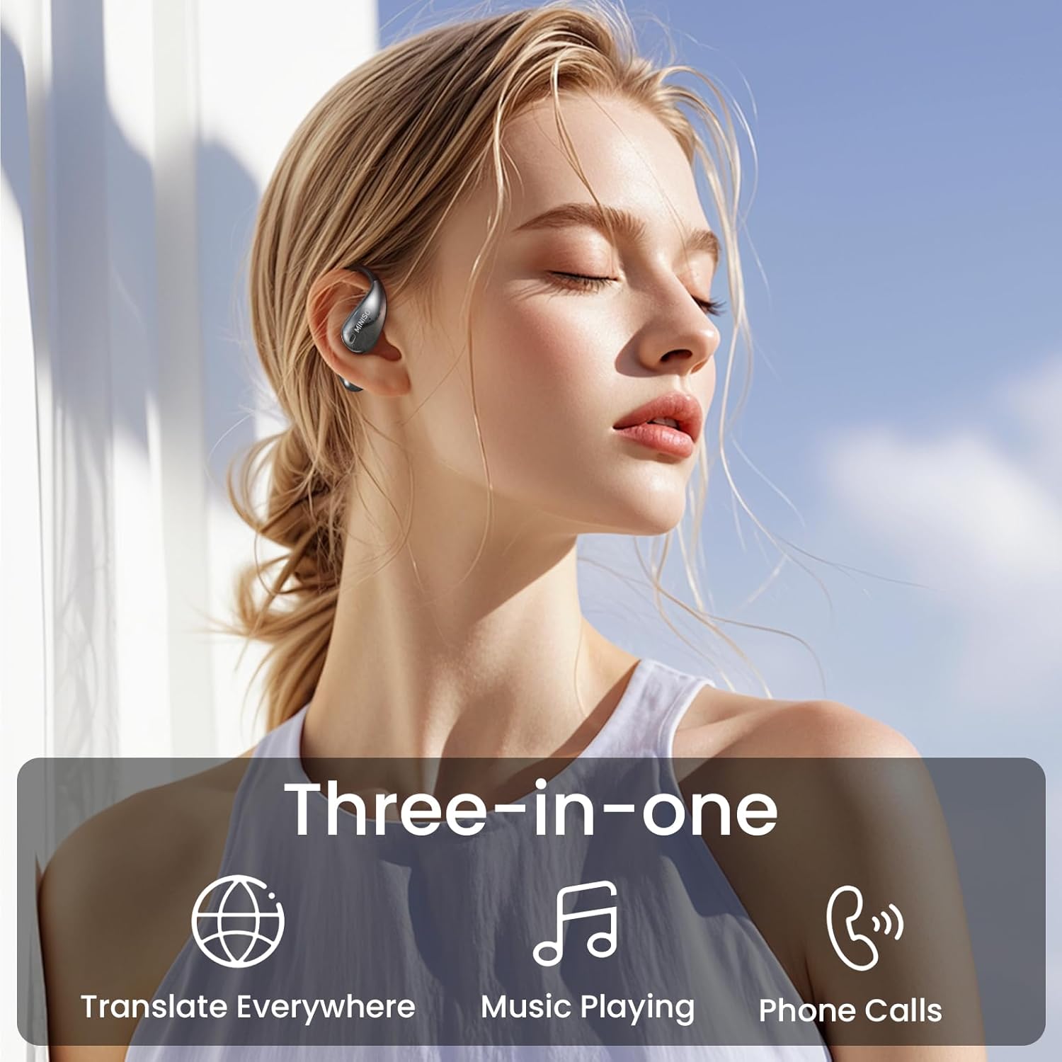 Three-in-one functionality showing translation, music playback, and phone calls in wireless translator earbuds