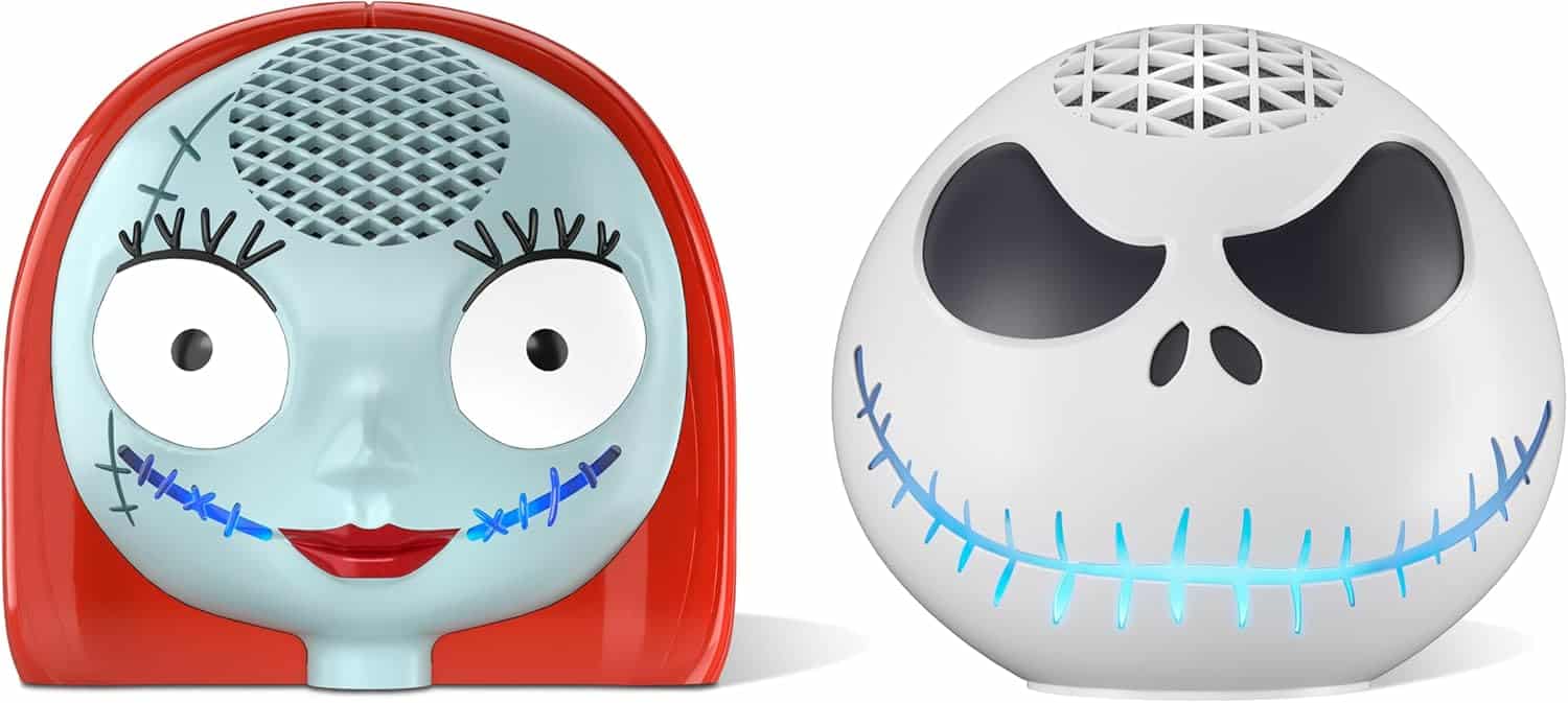 Complete Nightmare Before Christmas Echo Dot bundle showing two charcoal Echo Dots with Jack Skellington shell and Sally stand displayed together