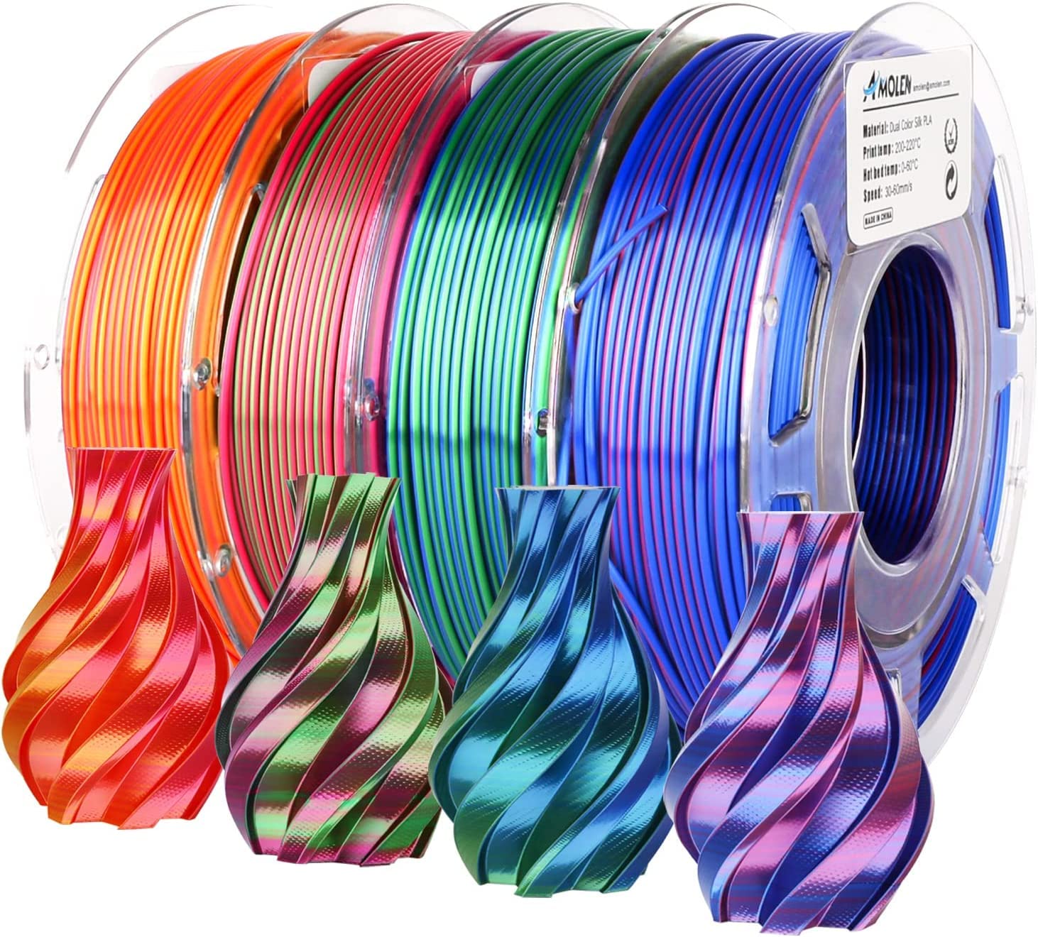 AMOLEN silk PLA dual color filament bundle showing four spools with shiny color change effects