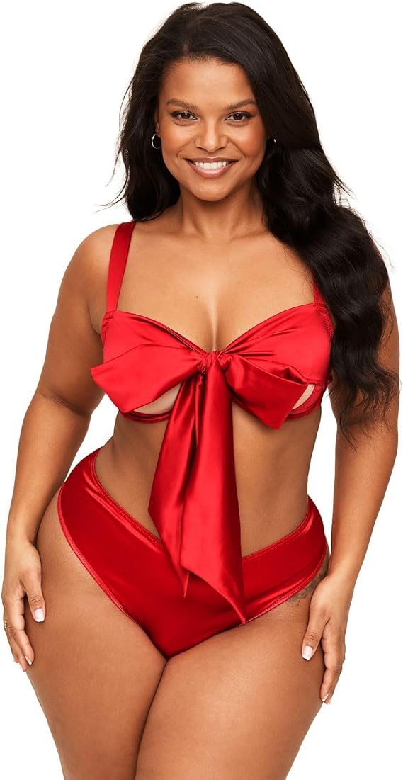 Adore Me Gynger unlined satin balconette bra with bow detail, plus-size inclusive Valentine's lingerie gift