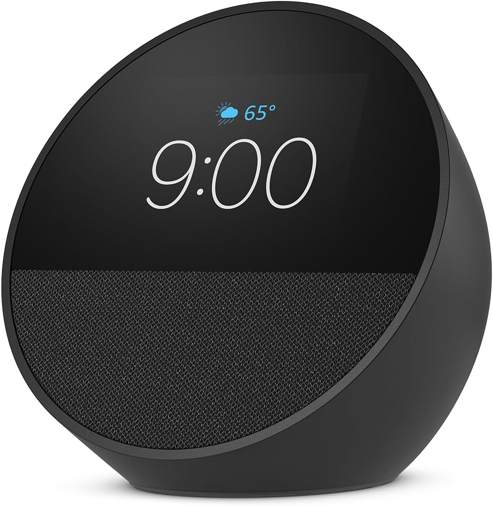 Amazon Echo Spot newest model smart alarm clock with touchscreen display and Alexa for nightstands and kitchens in black