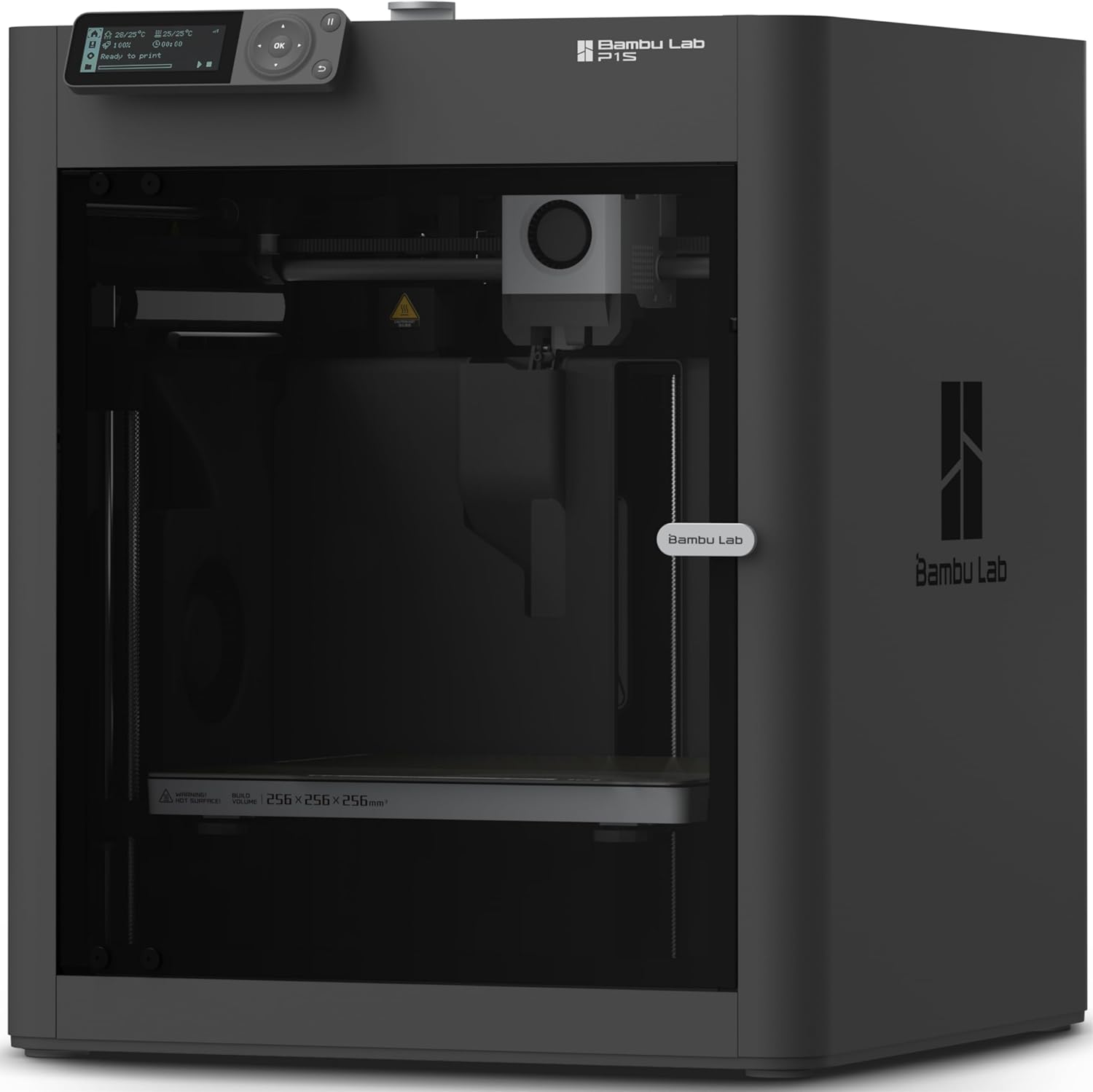 Bambu Lab P1S fully enclosed multi-color 3D printer with AMS multi-material system showcasing 16-color capability, CoreXY motion system, and large format multi-colored architectural model print
