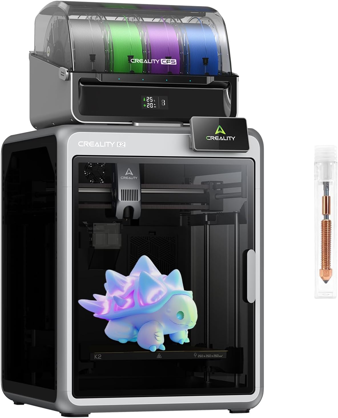 Creality K2 Combo 3D printer with CFS multi-color system showing silver and gray build with 260mm build volume