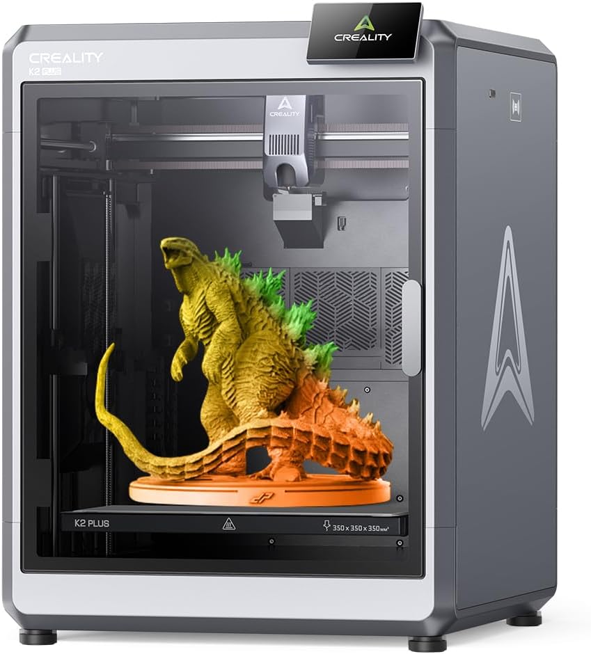 Creality K2 Plus 3D printer with actively heated chamber showing 350x350x350mm build volume and dual AI camera system