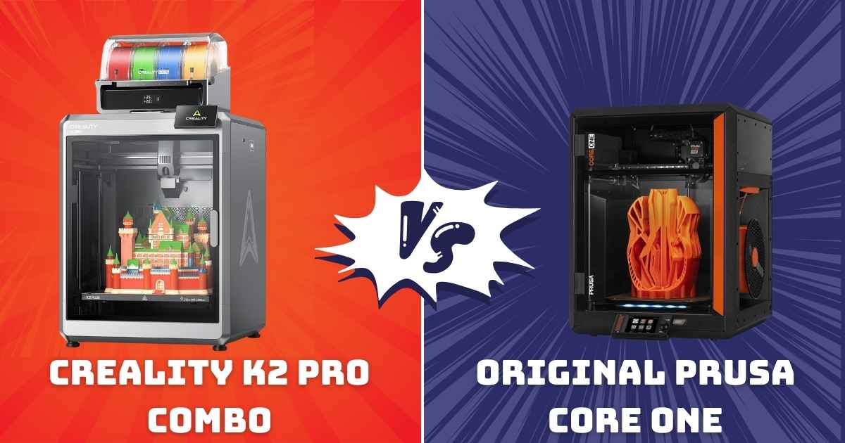 Creality K2 Pro Combo vs Original Prusa CORE One comparison showing both multicolor 3D printers side by side with feature highlights