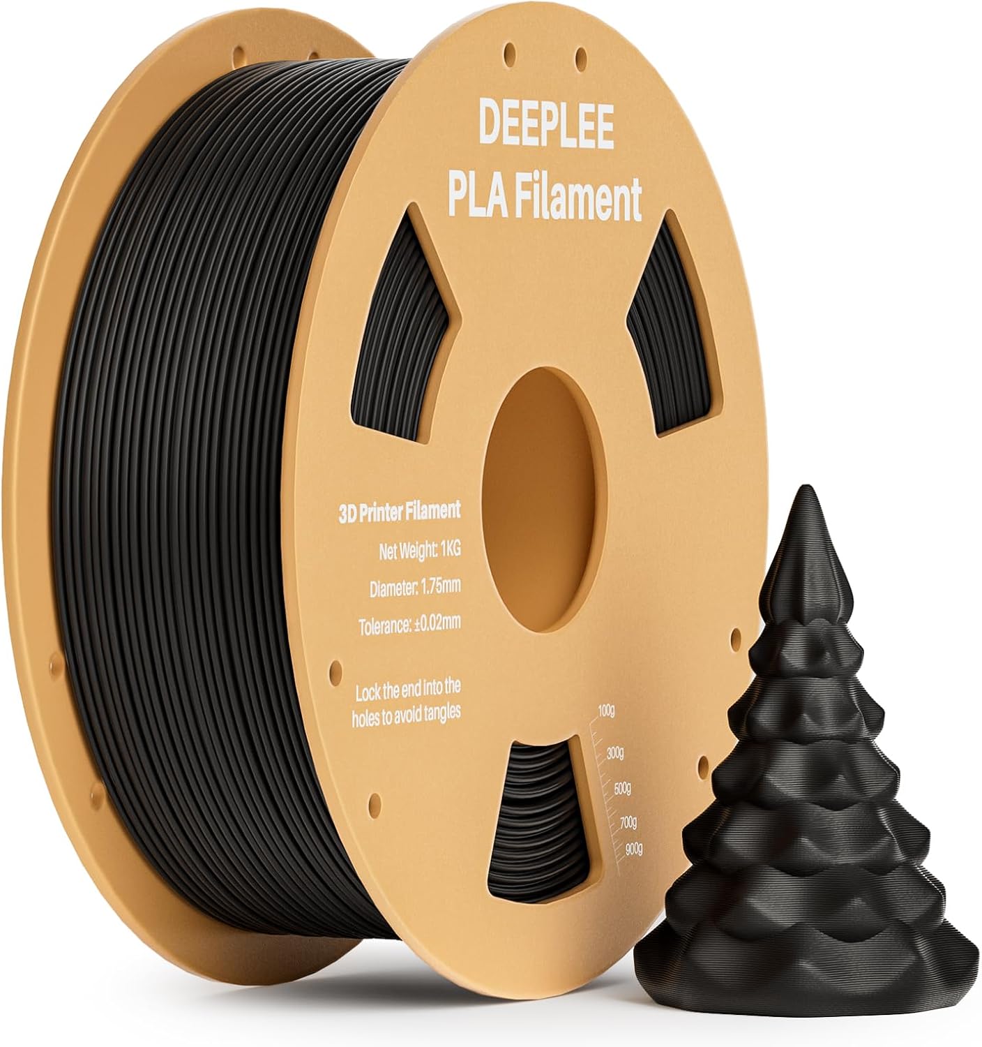 DEEPLEE black PLA filament on cardboard spool showing vacuum packaging and clog-free specifications