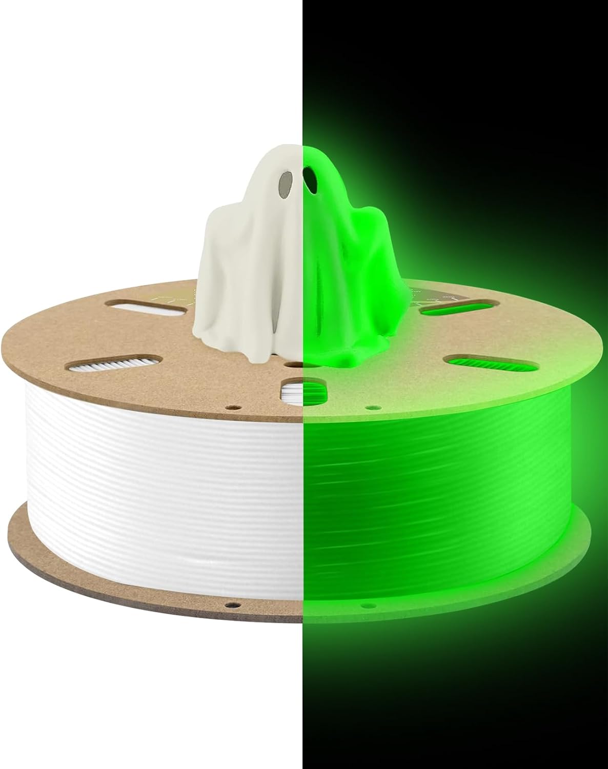 DURAMIC glow in the dark green PLA filament showing luminous properties and dimensional accuracy