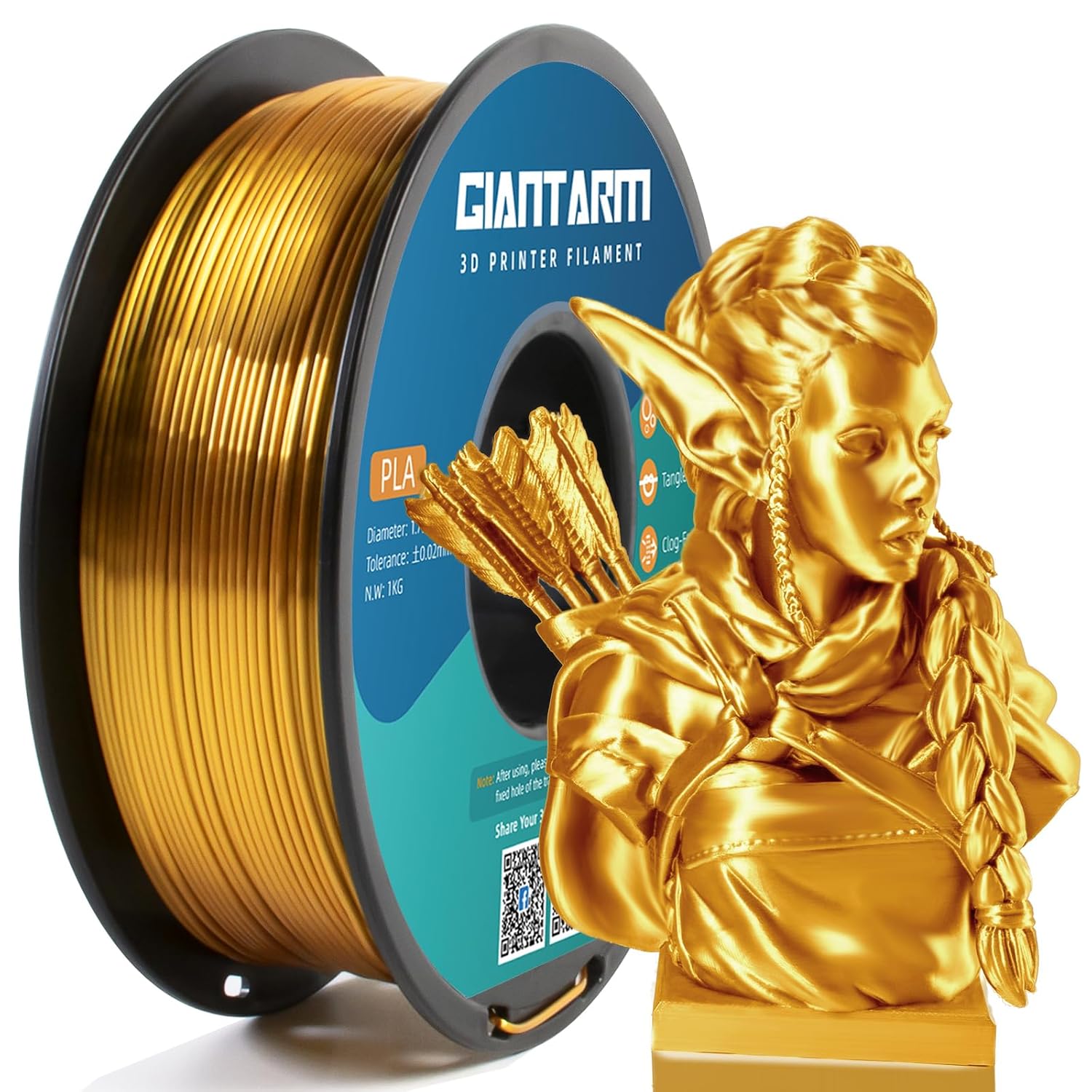 GIANTARM silk gold PLA filament showing metallic sheen and professional packaging for decorative 3D printing