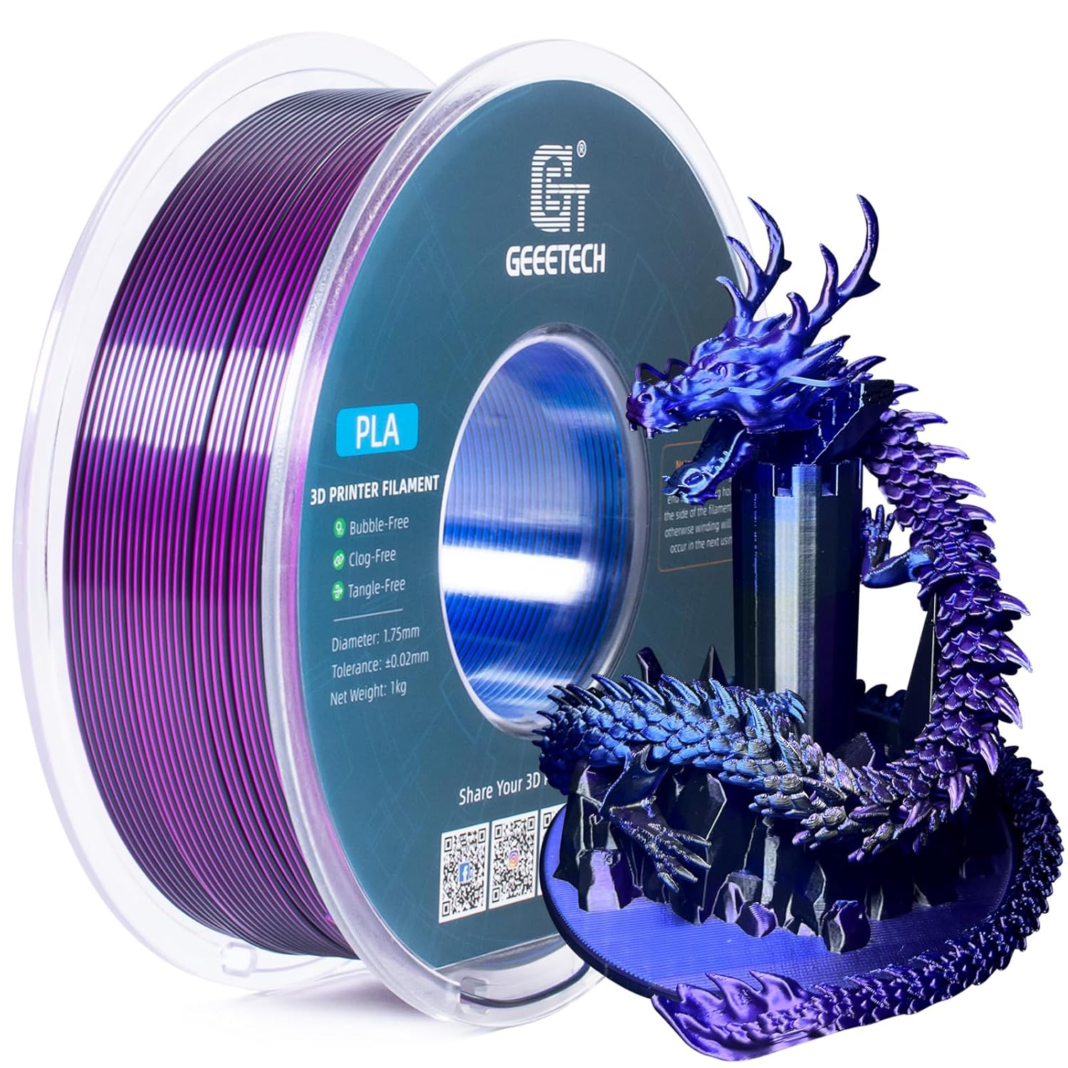 Geeetech silk PLA tri-color filament showing blue purple black gradient with metallic sheen