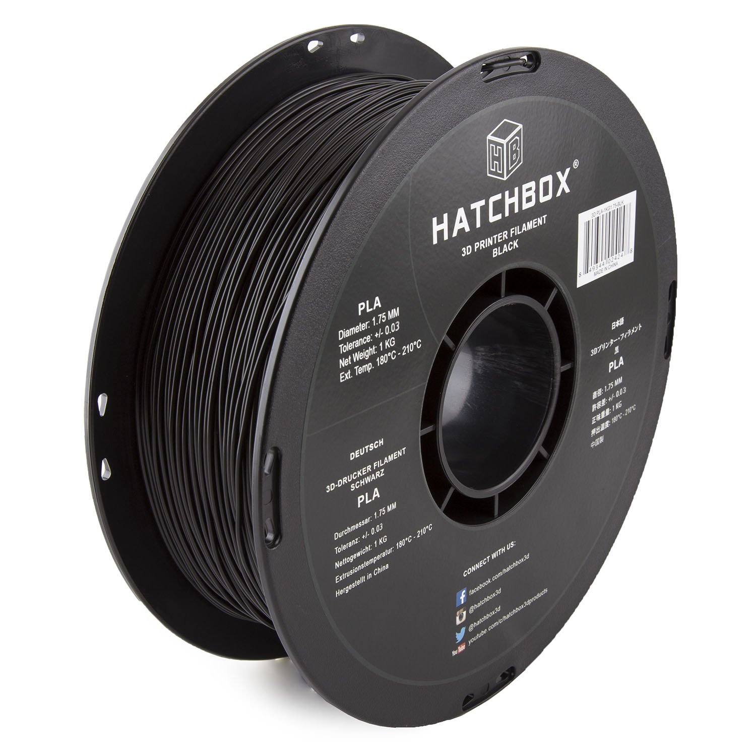 HATCHBOX black PLA 3D printer filament spool showing professional packaging and quality certification
