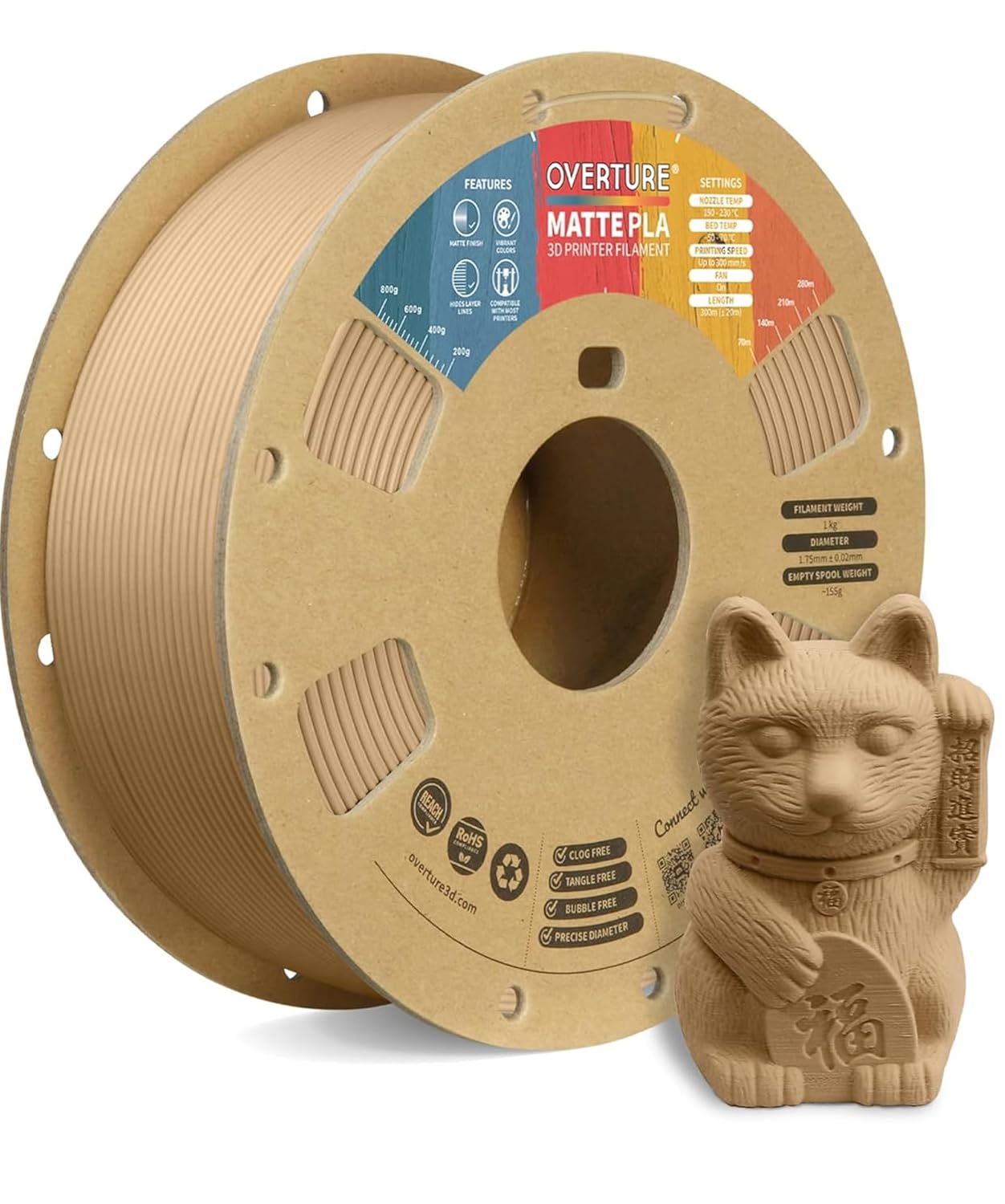 OVERTURE matte PLA light brown filament showing matte surface finish and low warping properties