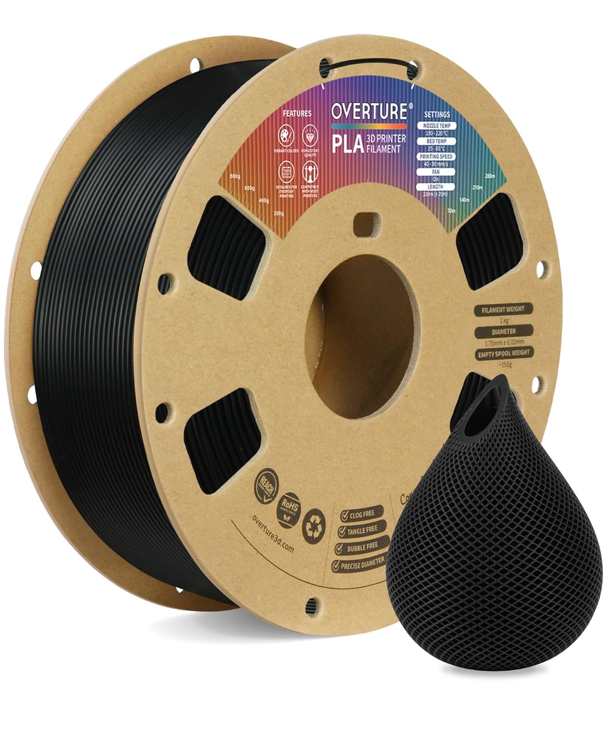 OVERTURE PLA filament black 1kg spool with neat winding and dimensional accuracy specifications
