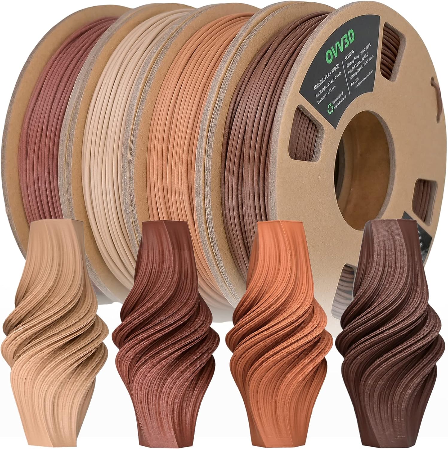 OVV3D wood PLA filament bundle showing four different wood types including walnut, oak, cherry, and teak