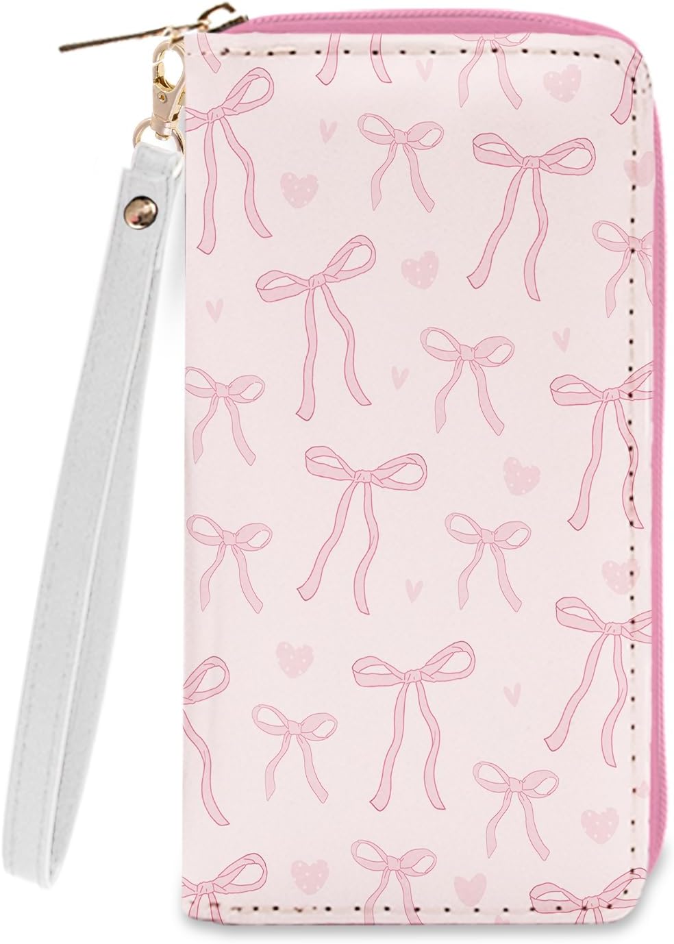 Pink bow wallet for women with zipper coin purse and card slots, slim PU leather wristlet Valentine's gift