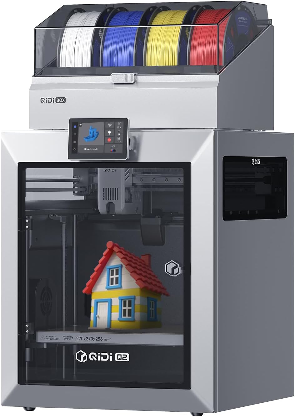 QIDI Q2 Combo enclosed 3D printer with 65°C heated chamber, advanced air filtration system, AI camera monitoring, and multi-color printing demonstration with high-temperature engineering filaments