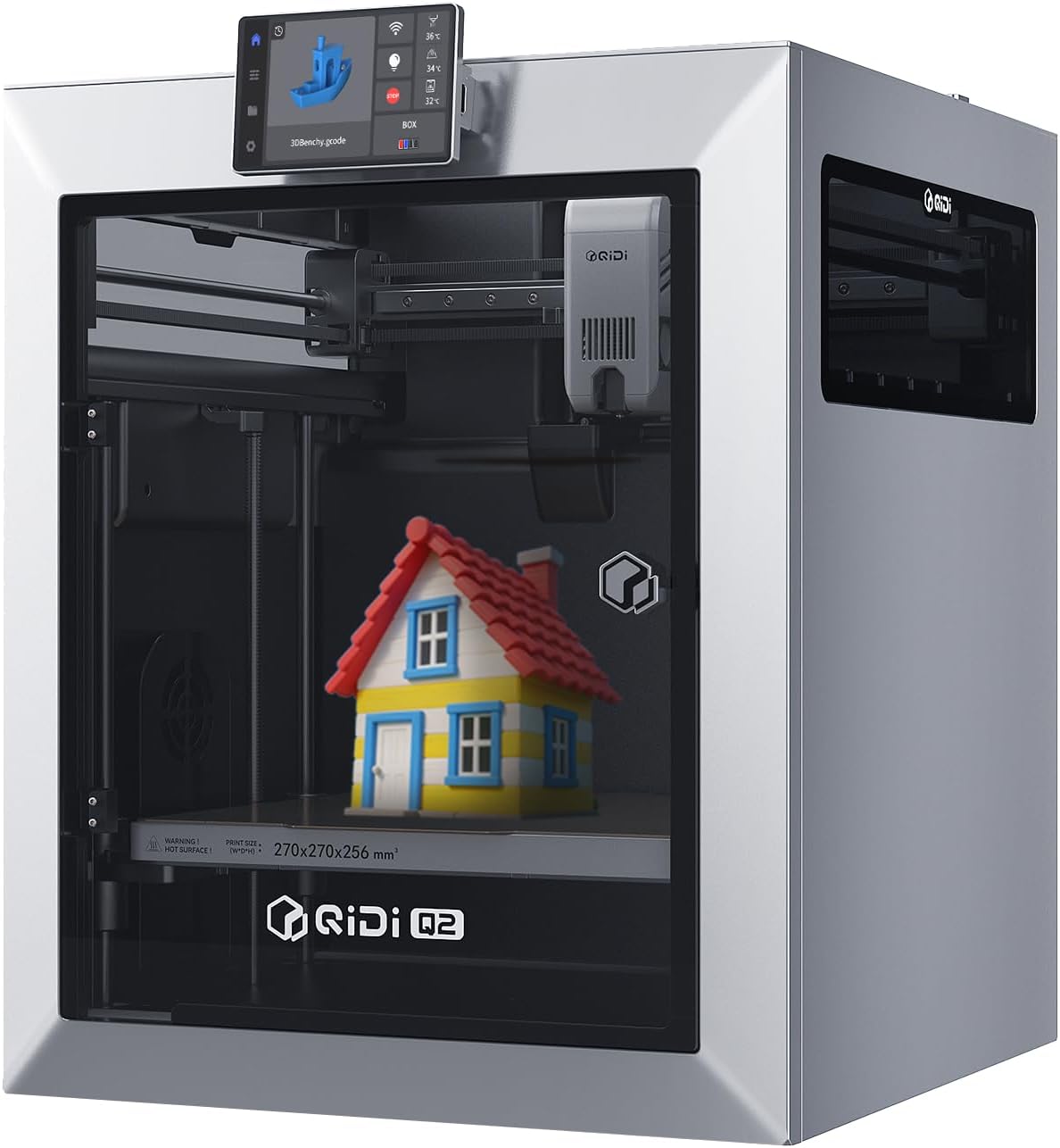 QIDI Q2 enclosed 3D printer with glass doors showing heated chamber technology and premium metal construction