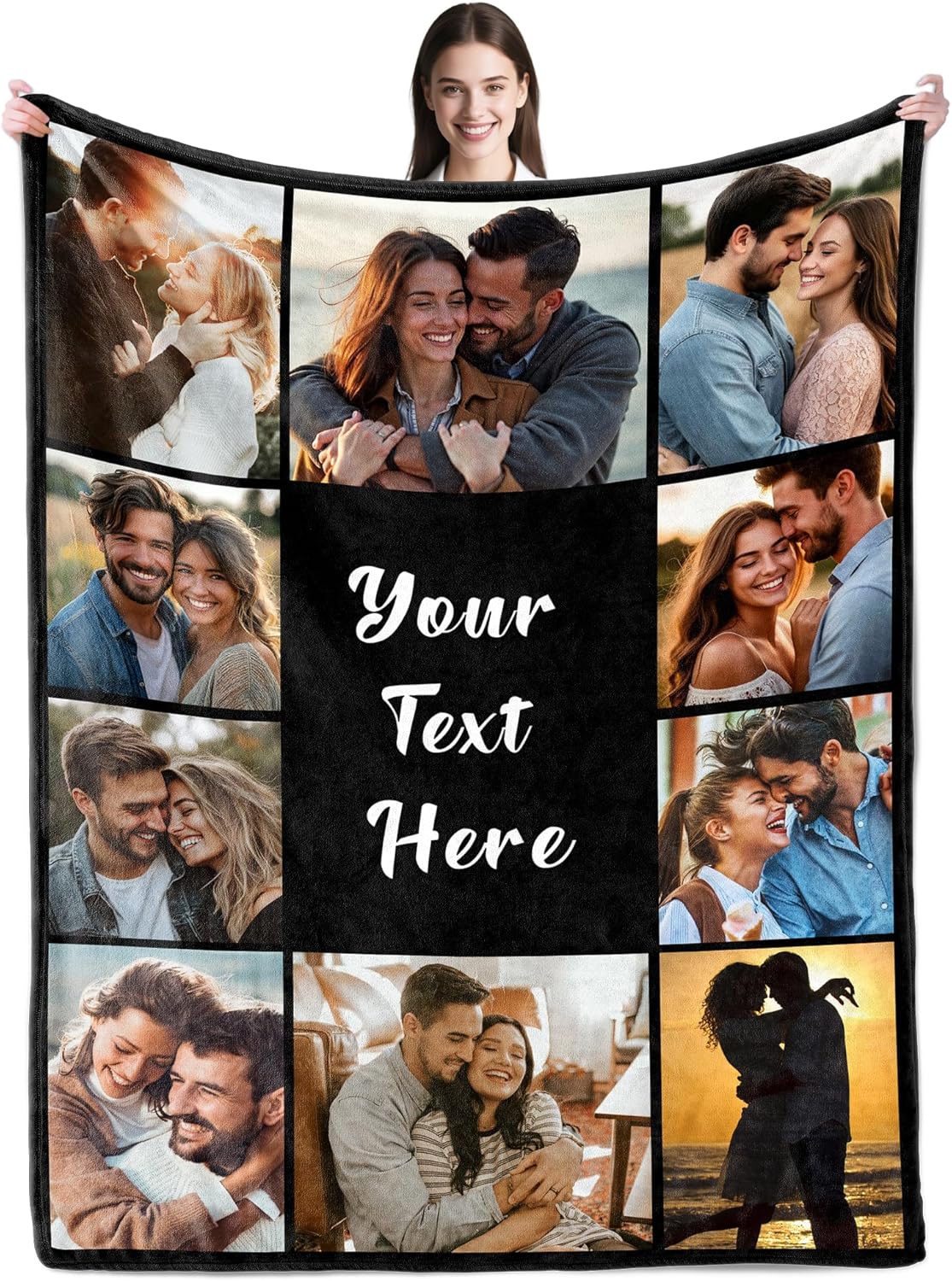 Custom personalized photo blanket with couple's pictures and text, romantic Valentine's Day gift idea