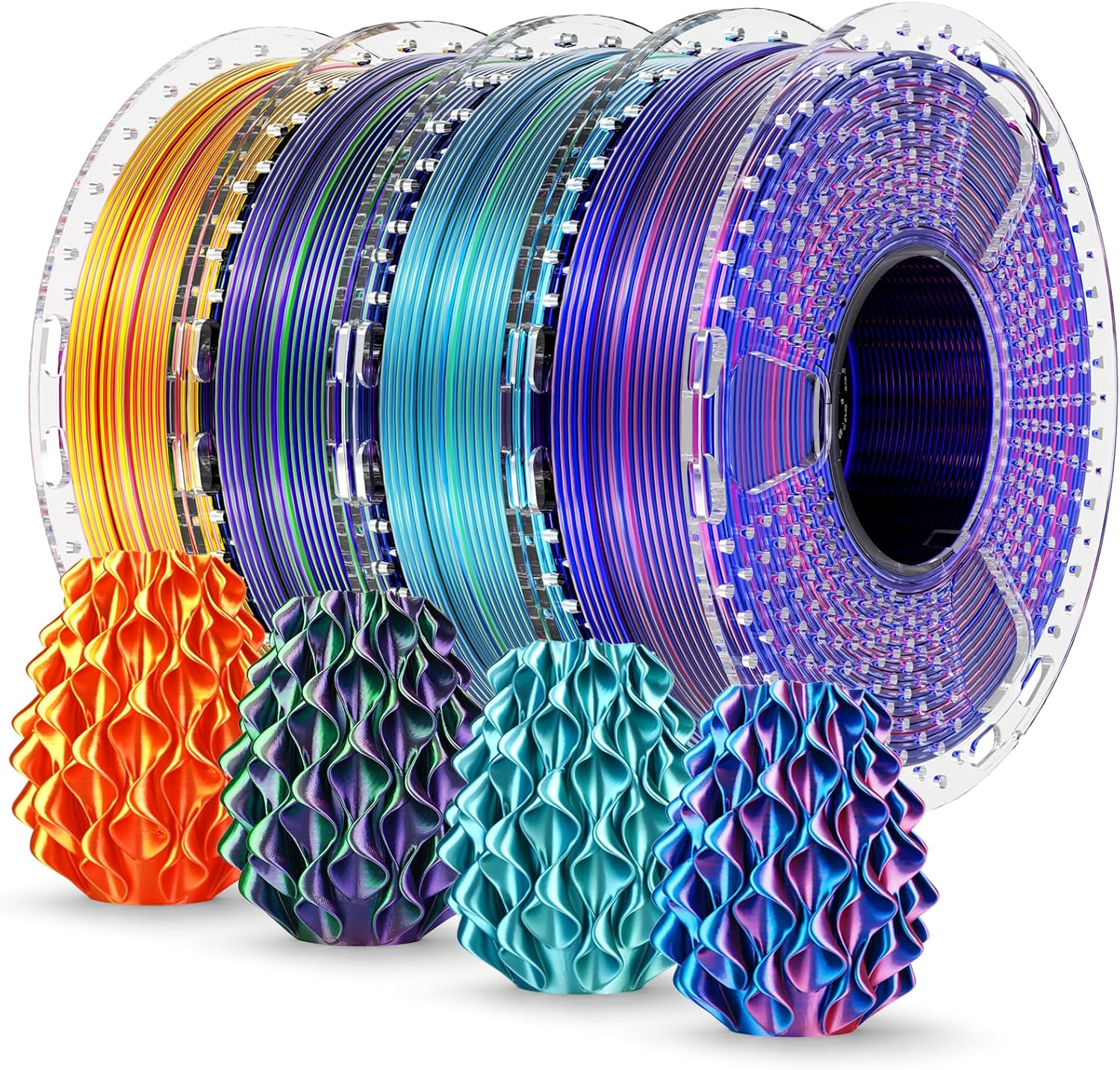 SUNLU silk PLA Plus multicolor bundle showing four gradient color combinations with metallic sheen
