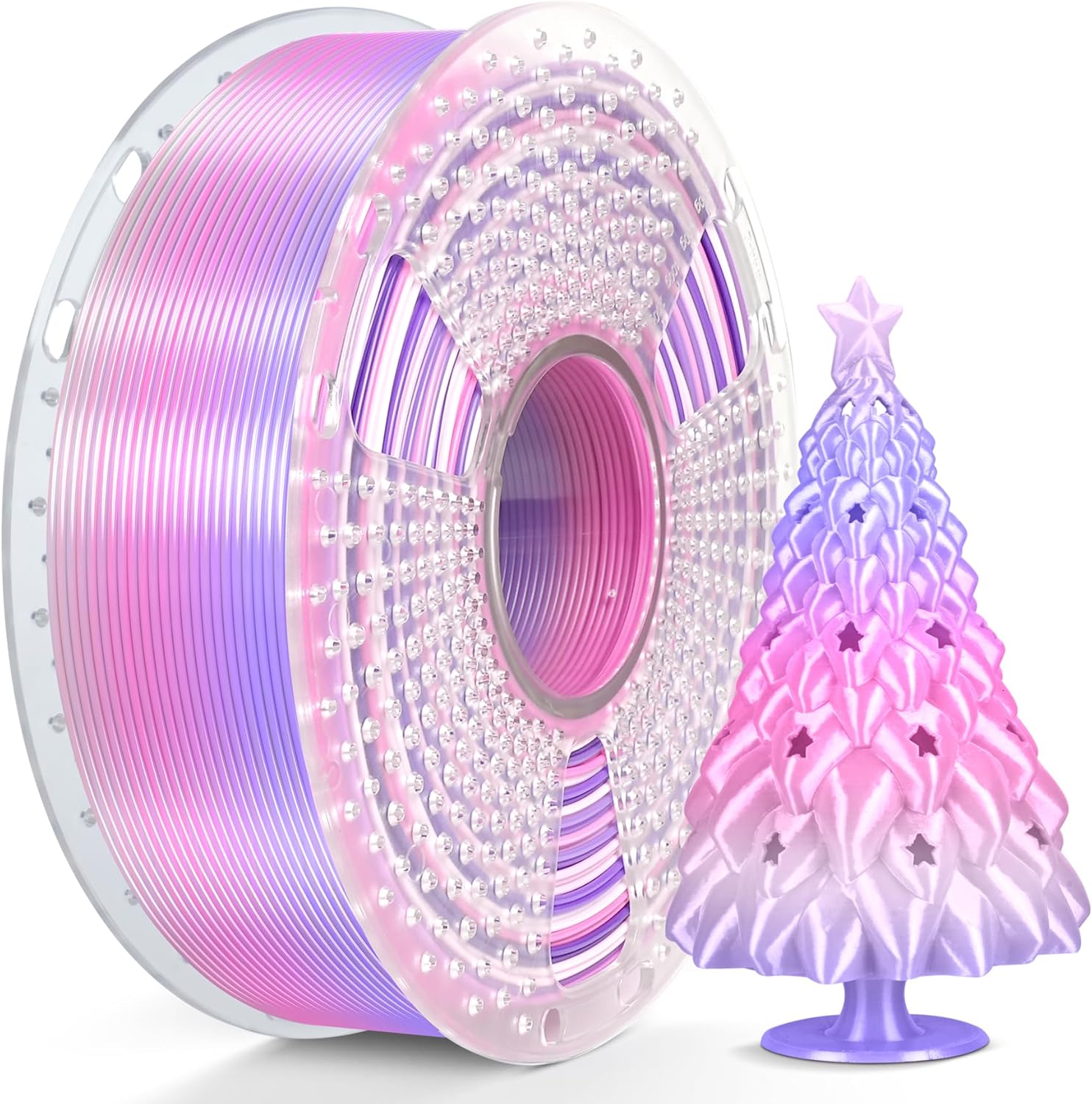 SUNLU silk rainbow PLA filament showing lilac-violet gradient color change effect with metallic sheen