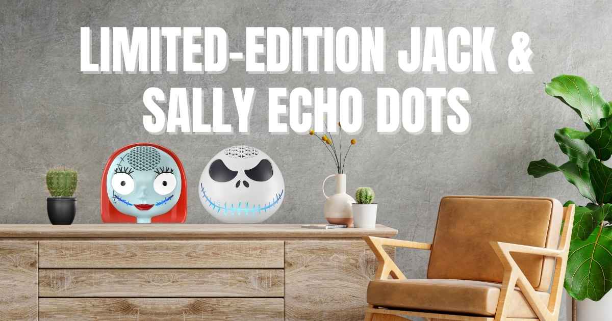 Jack Skellington Echo Dot bundle featuring two fifth-generation Echo Dots with Nightmare Before Christmas themed decorative shells and stands