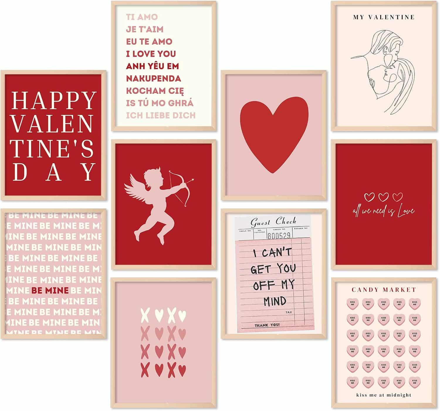Set of 12 retro romantic Valentine's Day wall art prints with hearts and cupid designs for home decor