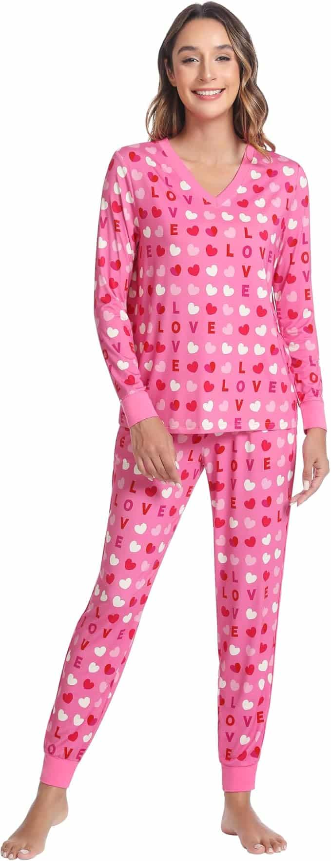 Women's bamboo viscose pajama set with V-neck long sleeves and pockets, sustainable Valentine's gift