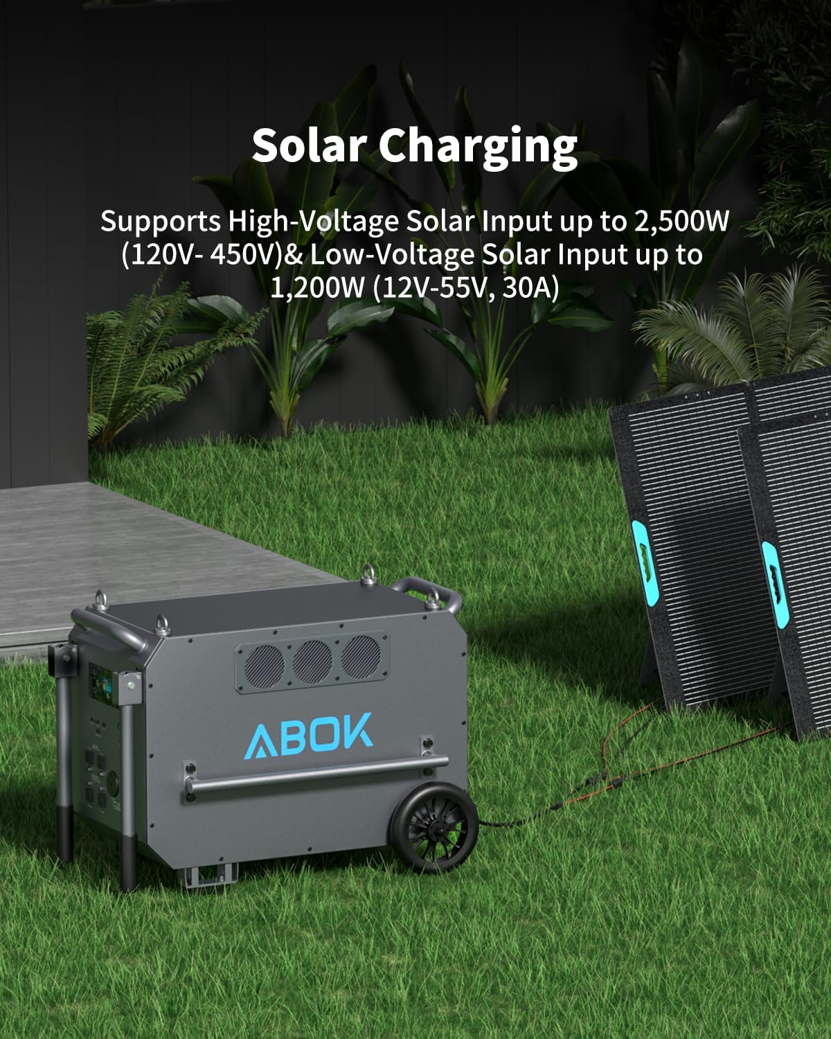 ABOK Ark7200 connected to solar panels outdoors showing solar input capability for off-grid charging