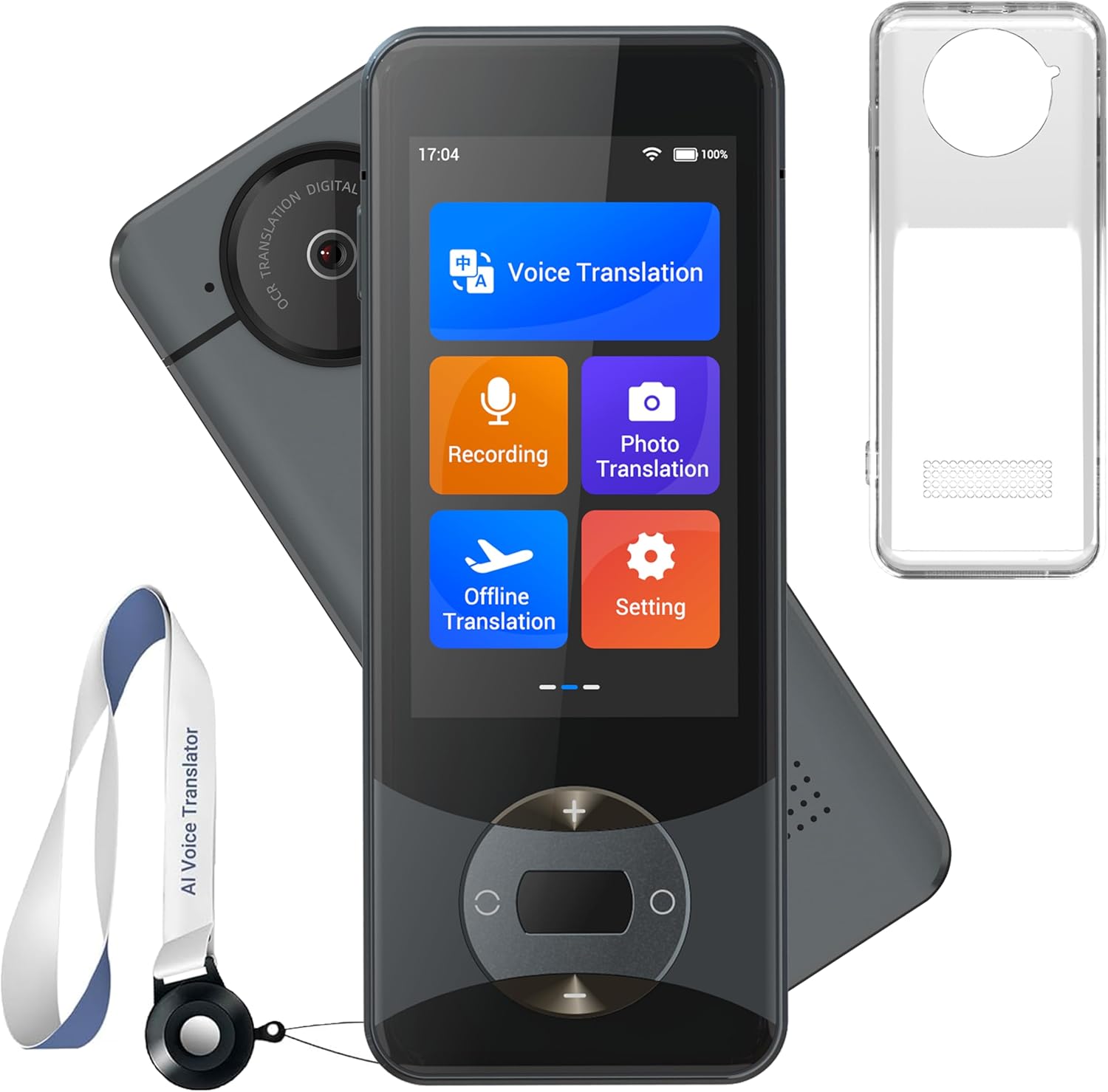 Close-up of ANFIER W10 translator device showing touchscreen interface with language selection menu and translation display for business travelers