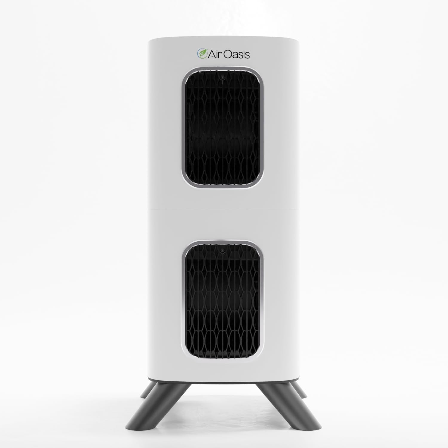 Air Oasis iAdaptAir 2.0 Model M medium-sized white tower air purifier with H13 HEPA filter covering 2650 square feet with touch controls and air quality sensor display