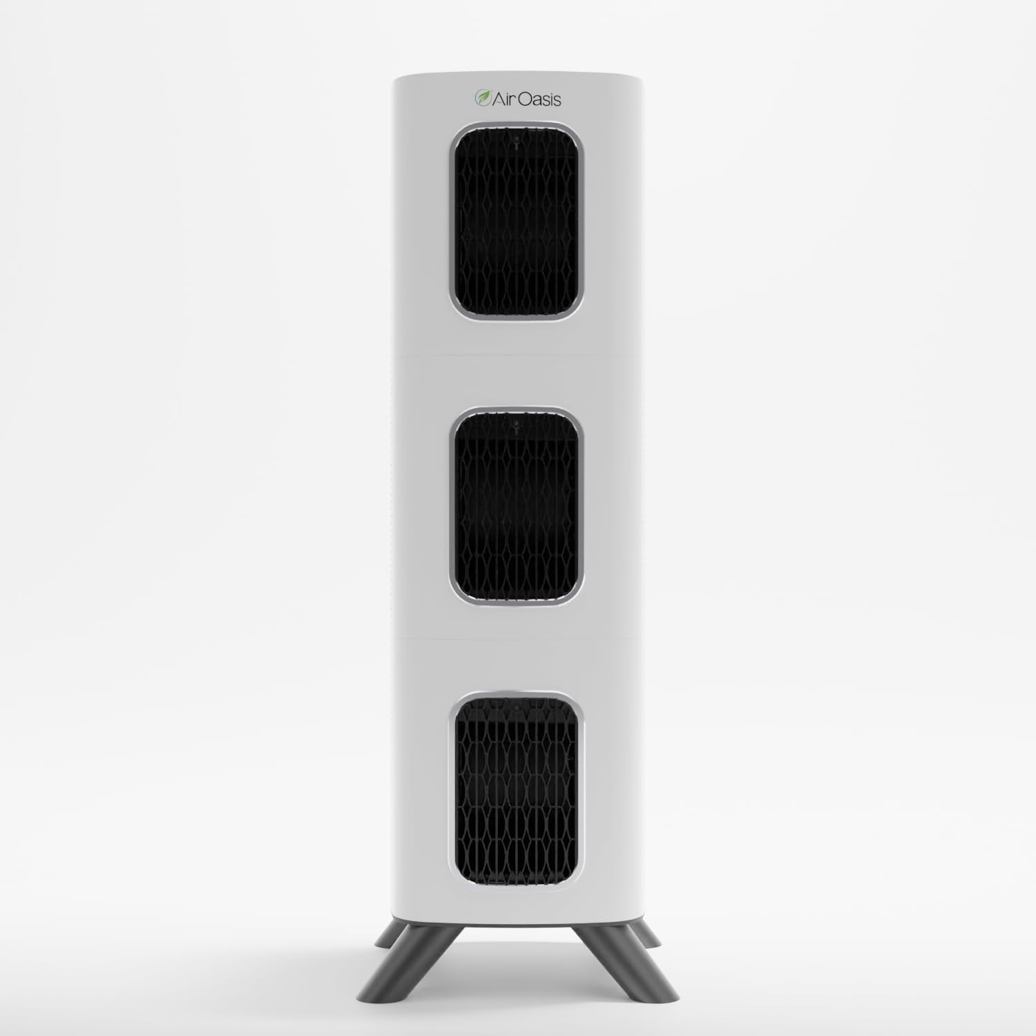 Air Oasis iAdaptAir 2.0 Model L large tower air purifier with H13 HEPA filter covering 3975 square feet featuring advanced touch controls and real-time particle counter display