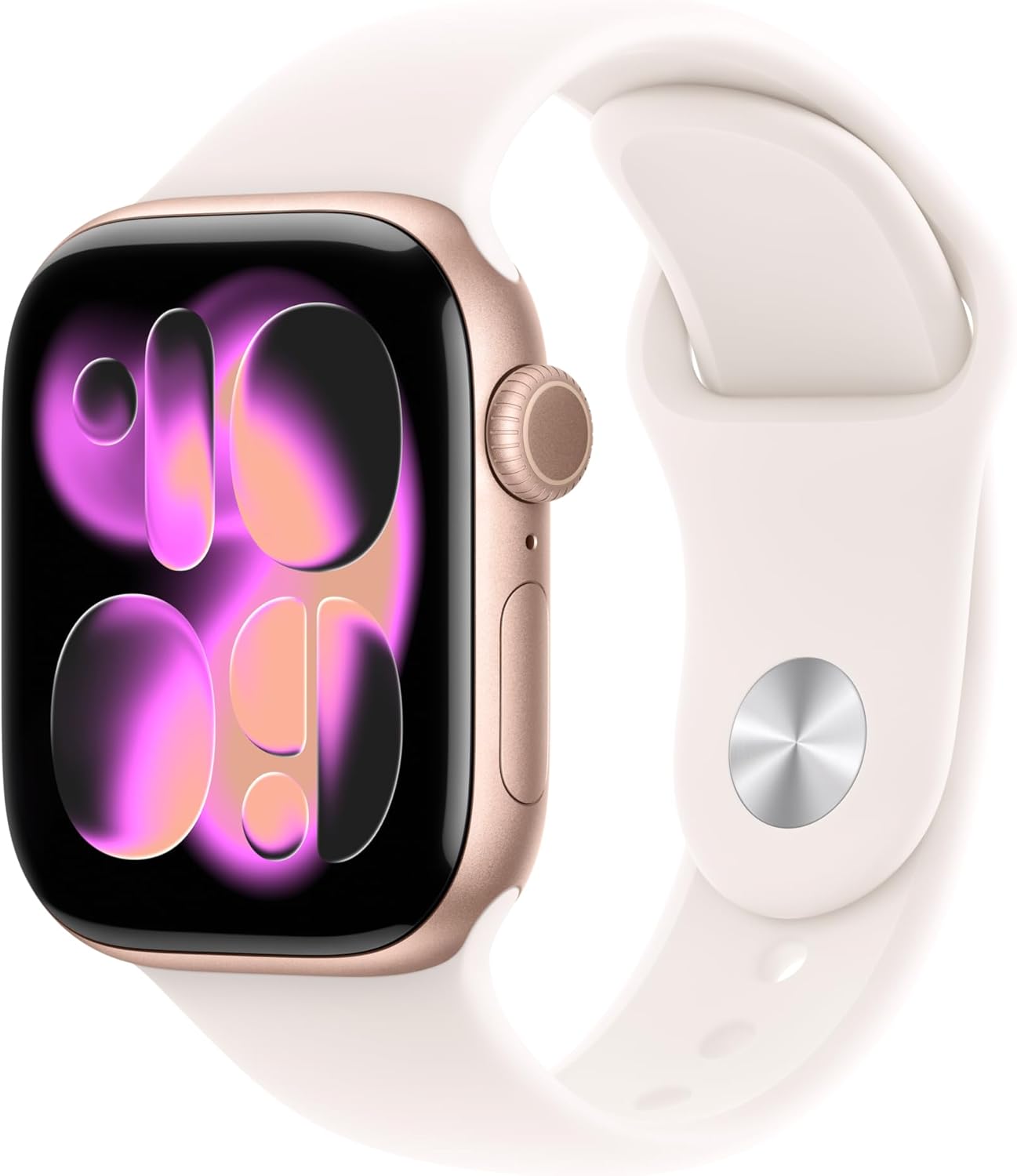 Apple Watch Series 11 GPS 42mm rose gold aluminum case showing fitness tracking features and sleep score on OLED display