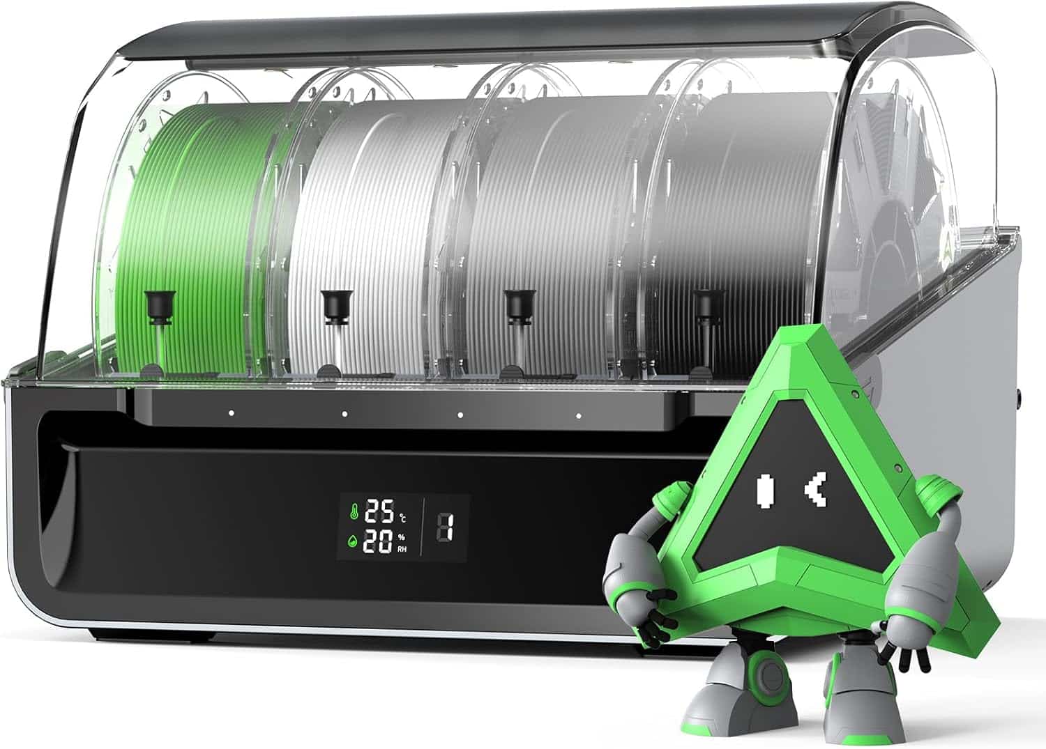 Creality CFS filament management system showing four spool slots with RFID readers and transparent moisture-proof storage compartments