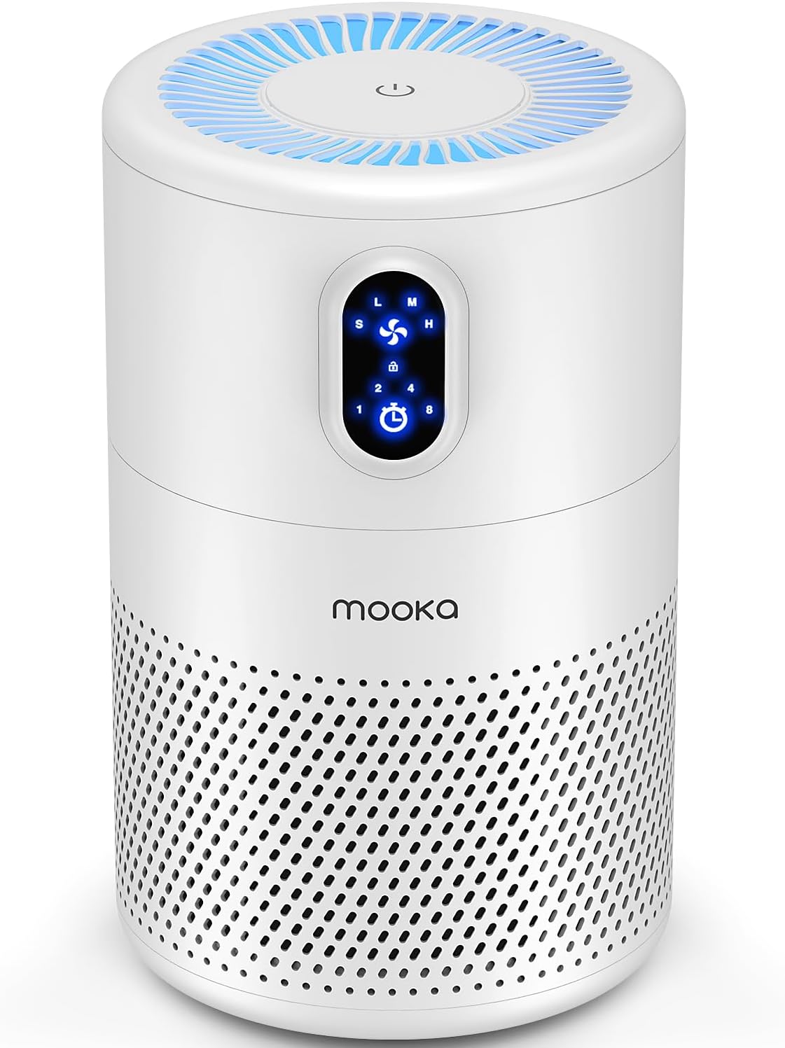 MOOKA B-D02L White air purifier front view showing cylindrical tower design and control panel