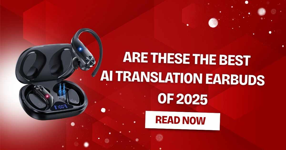 This $50 Language Translator Earbud from Perfesod has Real-Time 166 Languages with charging case on black background