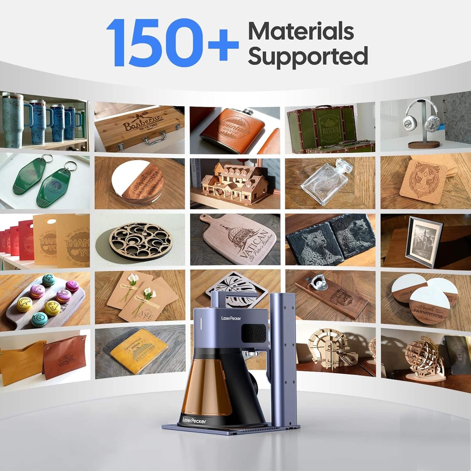 LaserPecker LP2 Plus material compatibility chart showing 150+ supported materials including wood leather acrylic metal