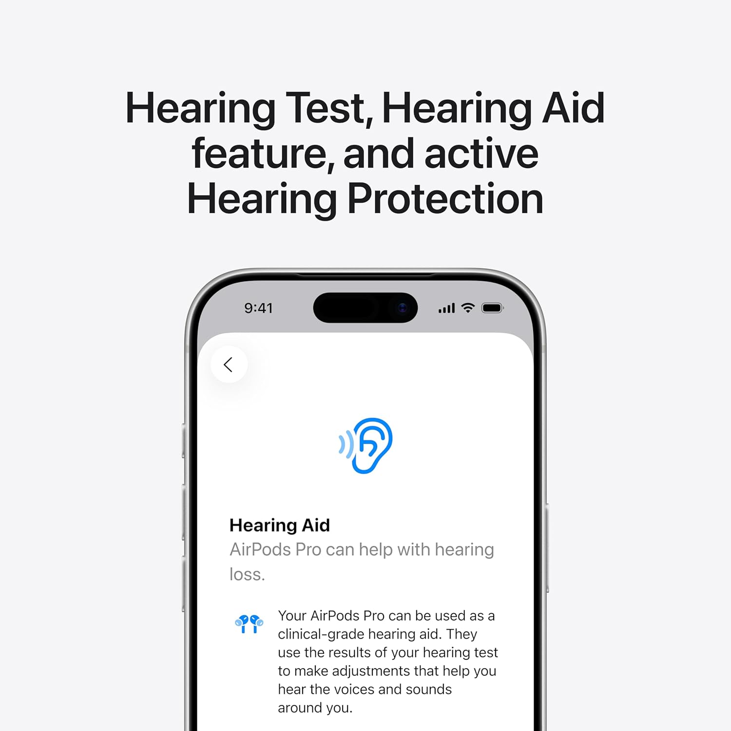 AirPods Pro 3 Hearing Aid feature setup screen showing Hearing Test in progress on iPhone iOS 26