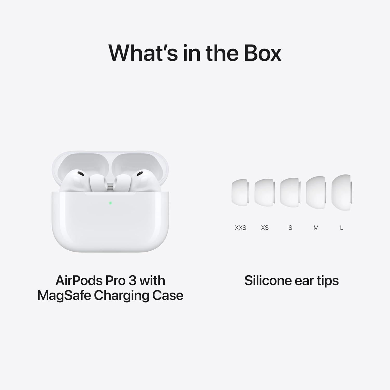 Apple AirPods Pro 3 box contents showing earbuds, MagSafe charging case with U2 chip, ear tips, and USB-C cable