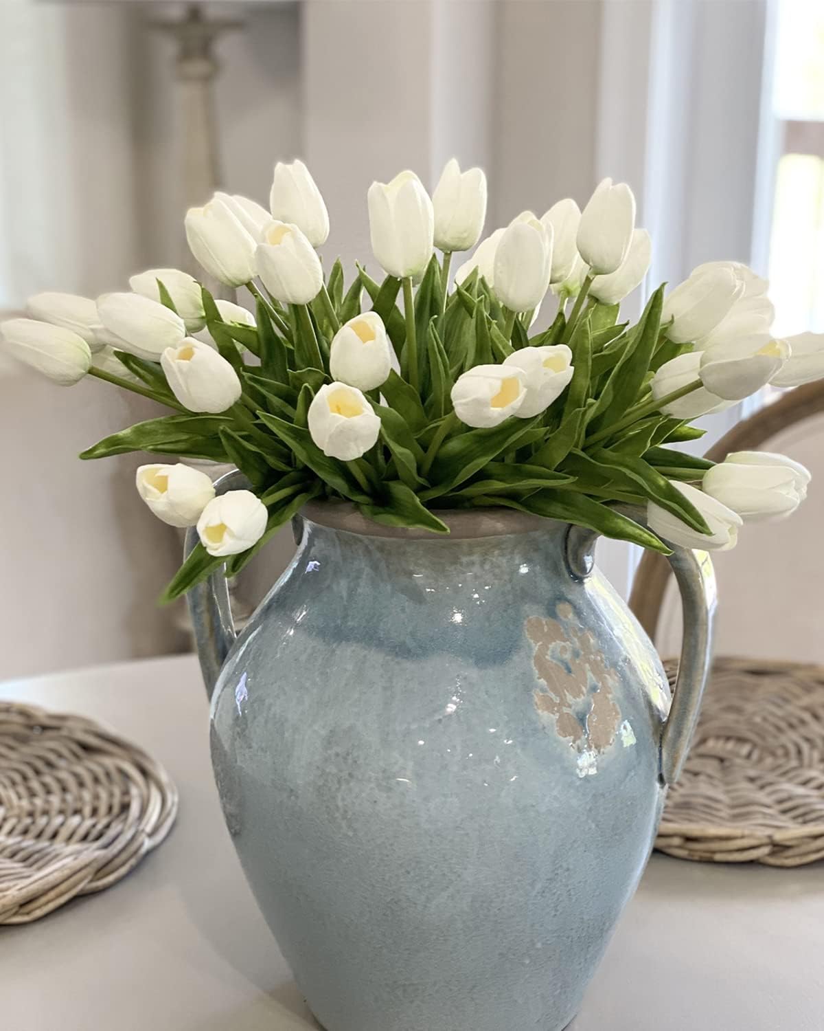 Beferr 18pcs white faux silk real touch tulip artificial flowers bouquet Easter spring home table