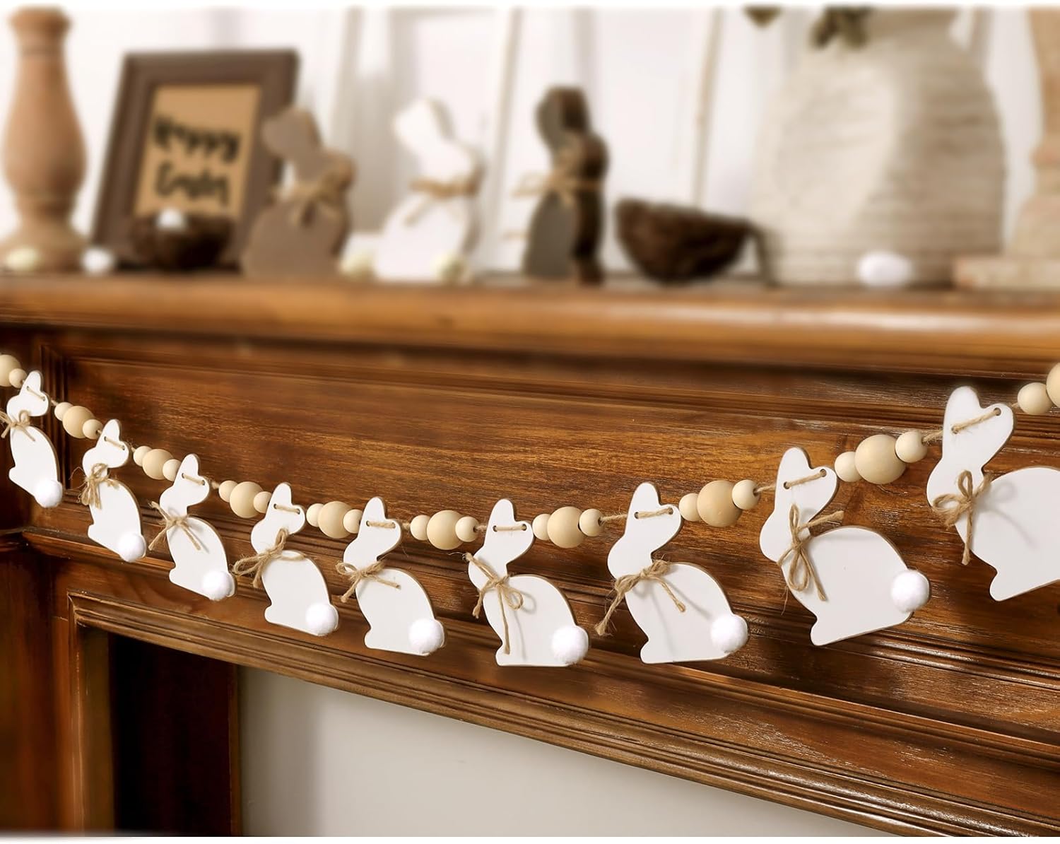 Bunny Chorus Easter garland wooden beads rustic banner mantel fireplace wall farmhouse spring