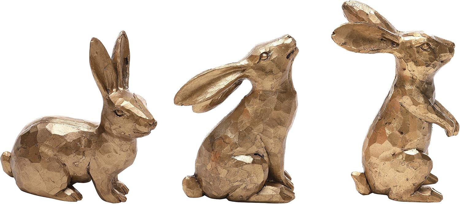 DN DECONATION golden polyresin Easter bunny rabbit statue set of 3 spring tabletop decor