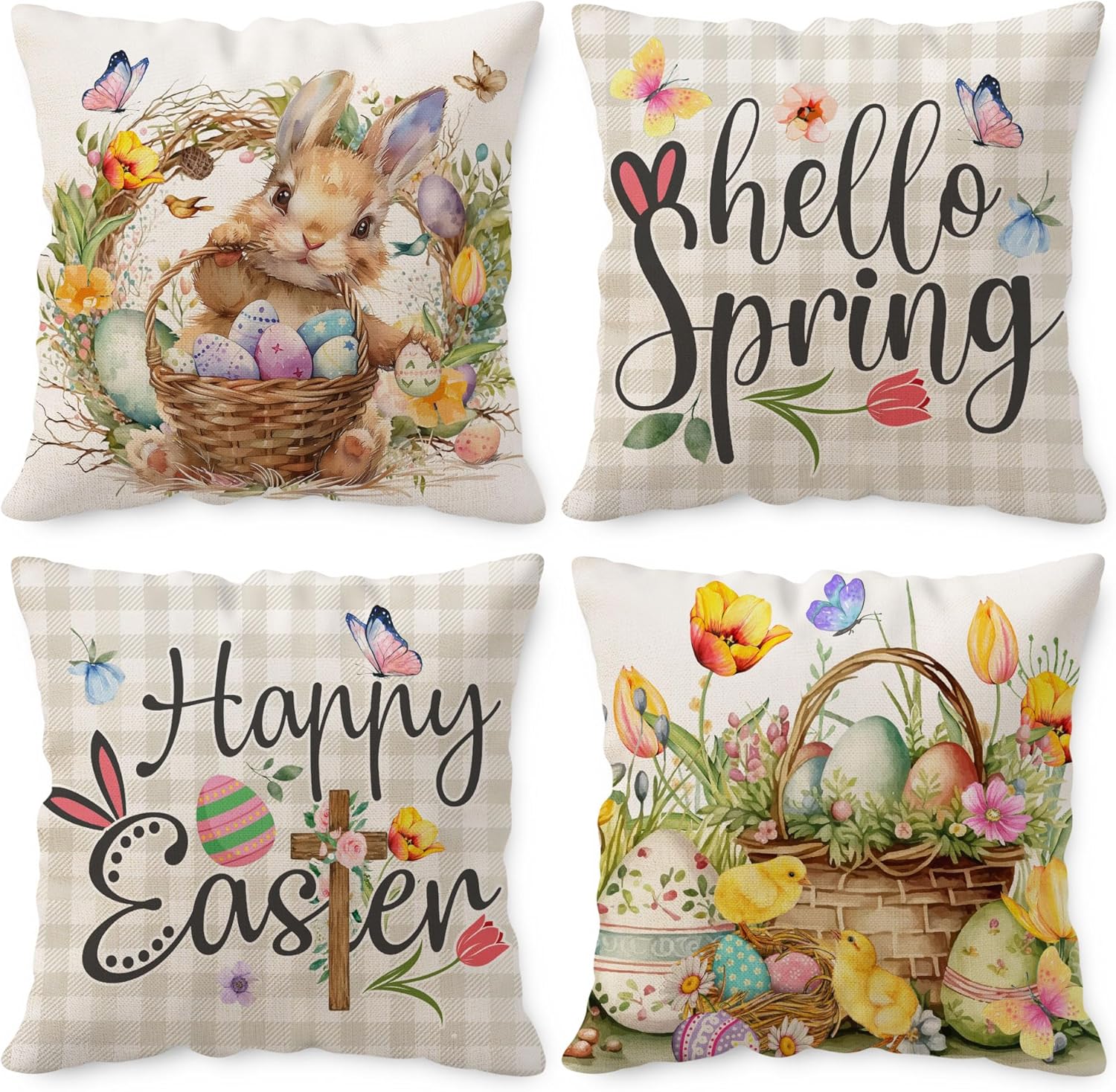 Easter pillow covers 18x18 set of 4 bunny eggs buffalo check plaid sofa bed couch spring