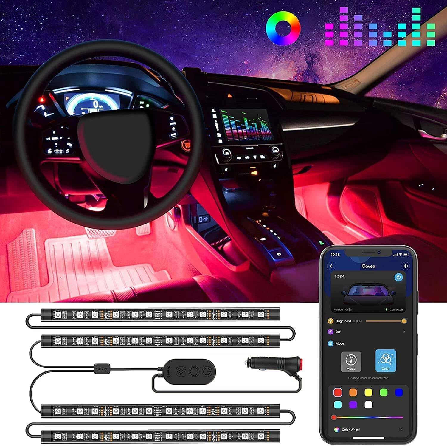 Govee Car LED Interior Lights app control RGB DIY mode music mode 2-line design — best budget car interior ambient lighting kit