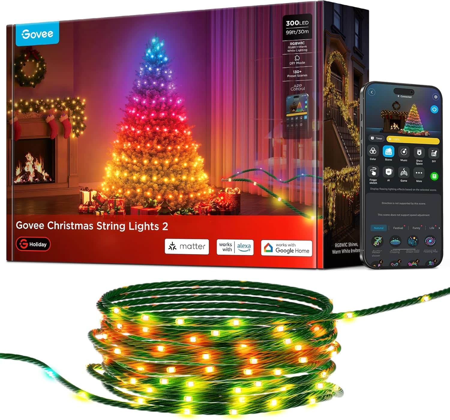 Govee Christmas Lights 2 RGBWIC 99ft 300 LEDs with shape mapping — best smart holiday string lights for 3D printing and gaming room seasonal decor