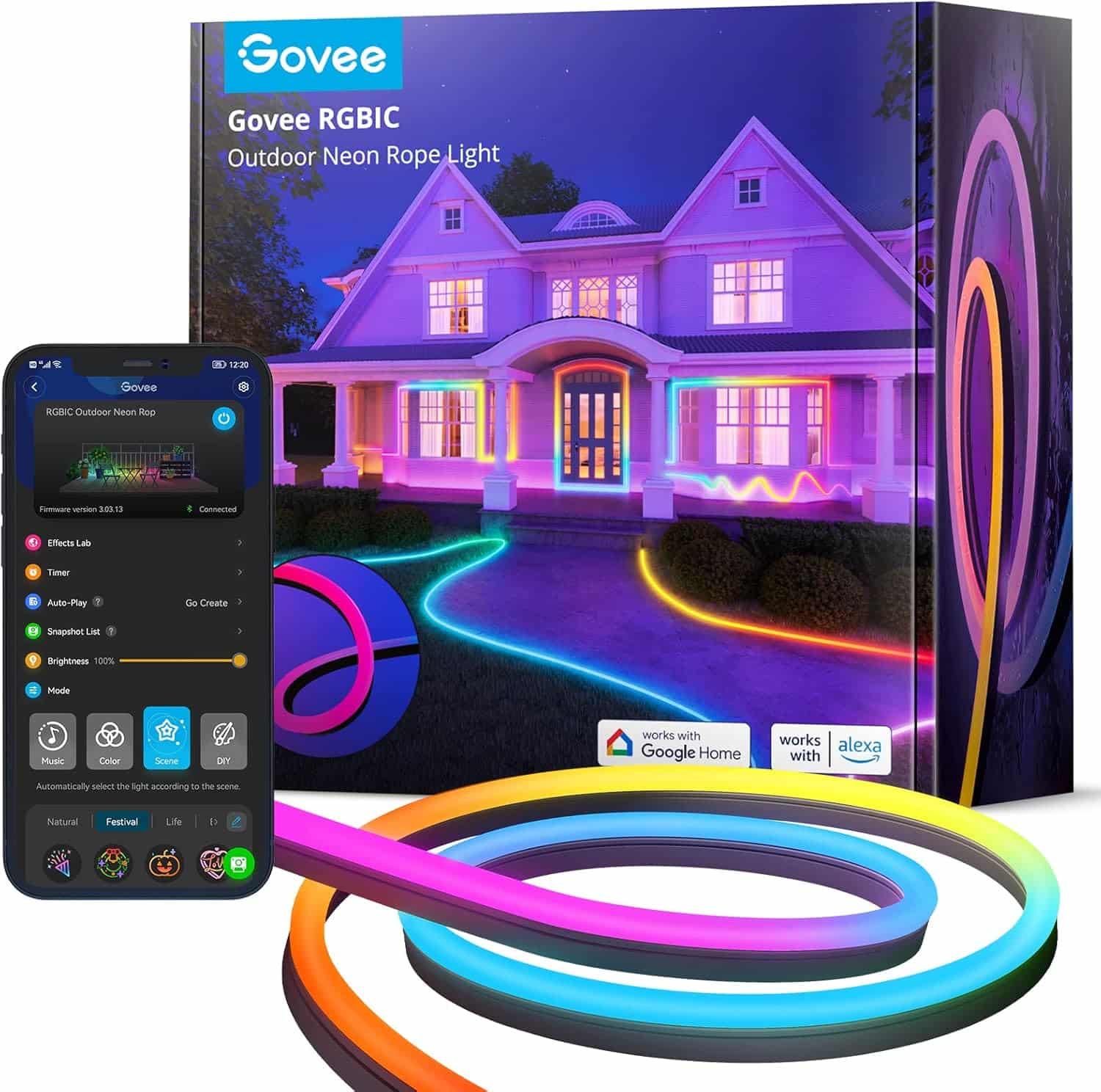 Govee Outdoor Neon Rope Lights 32.8ft RGBIC IP67 waterproof — best outdoor patio neon LED strip with 64 scene modes and music sync