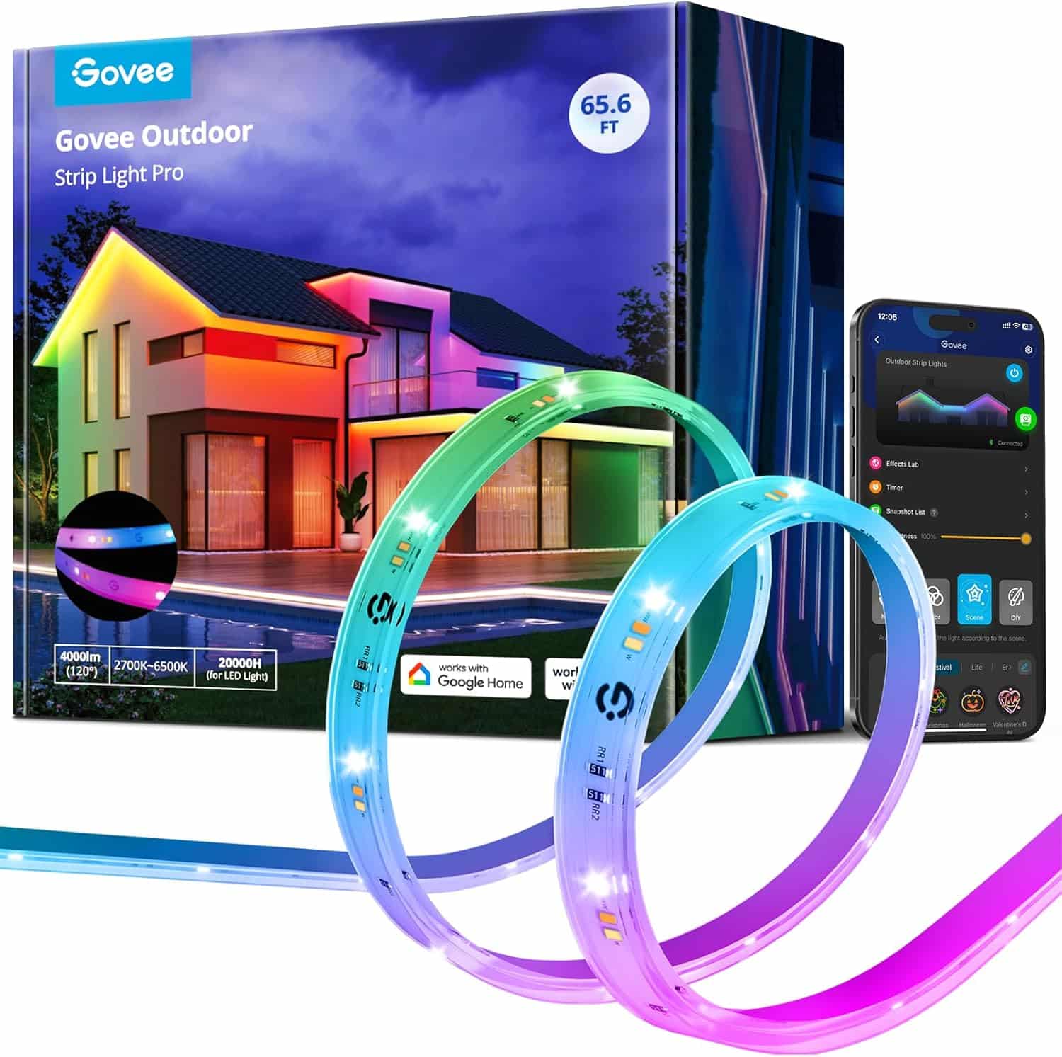 Govee Outdoor LED Strip Lights RGBIC 65.6ft IP65 with warm and cold white — best outdoor eave and porch perimeter lighting