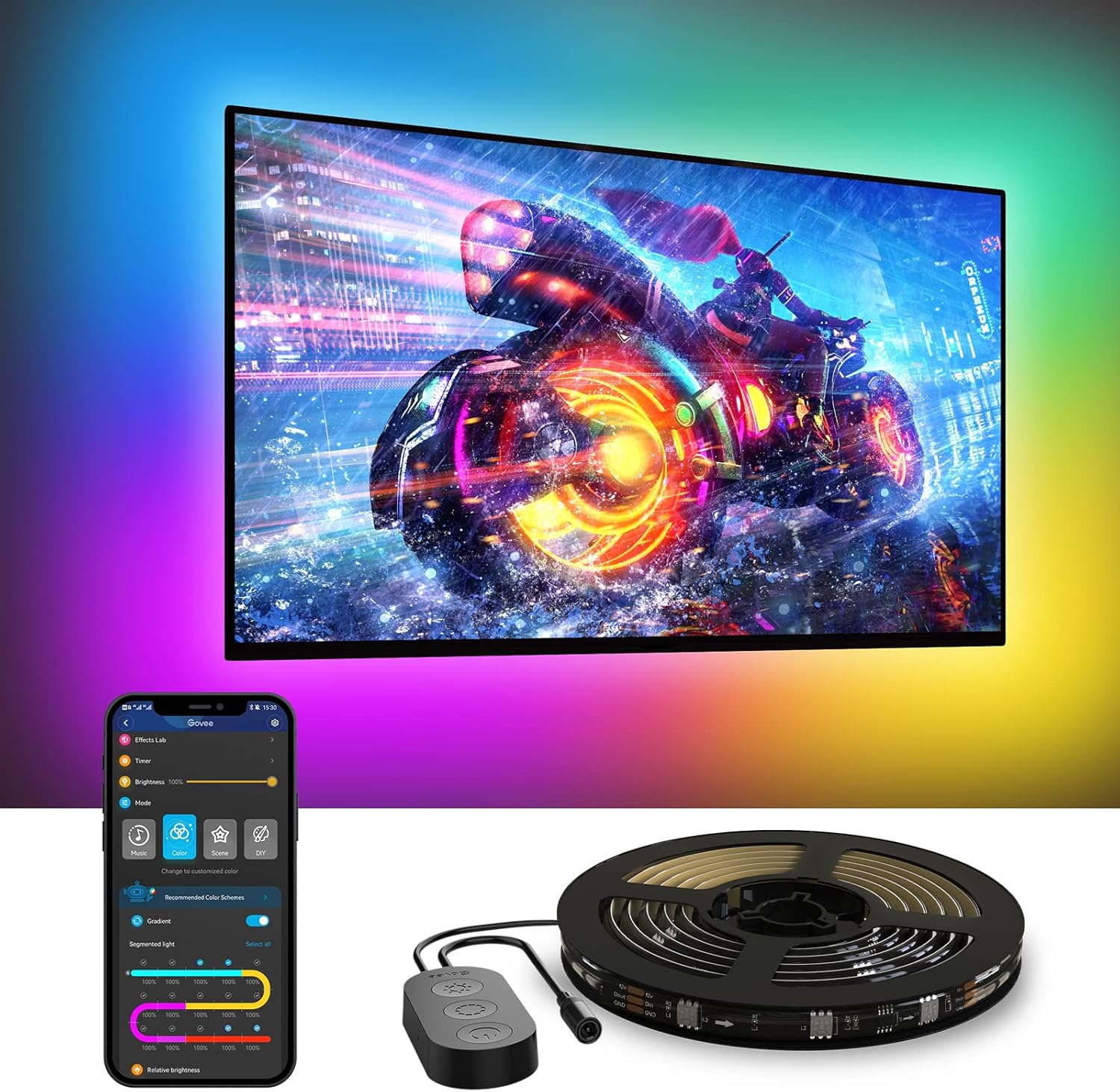 Govee TV LED Backlight RGBIC for 55-65 inch TVs — best budget gaming monitor bias lighting with music sync and 99 scene modes