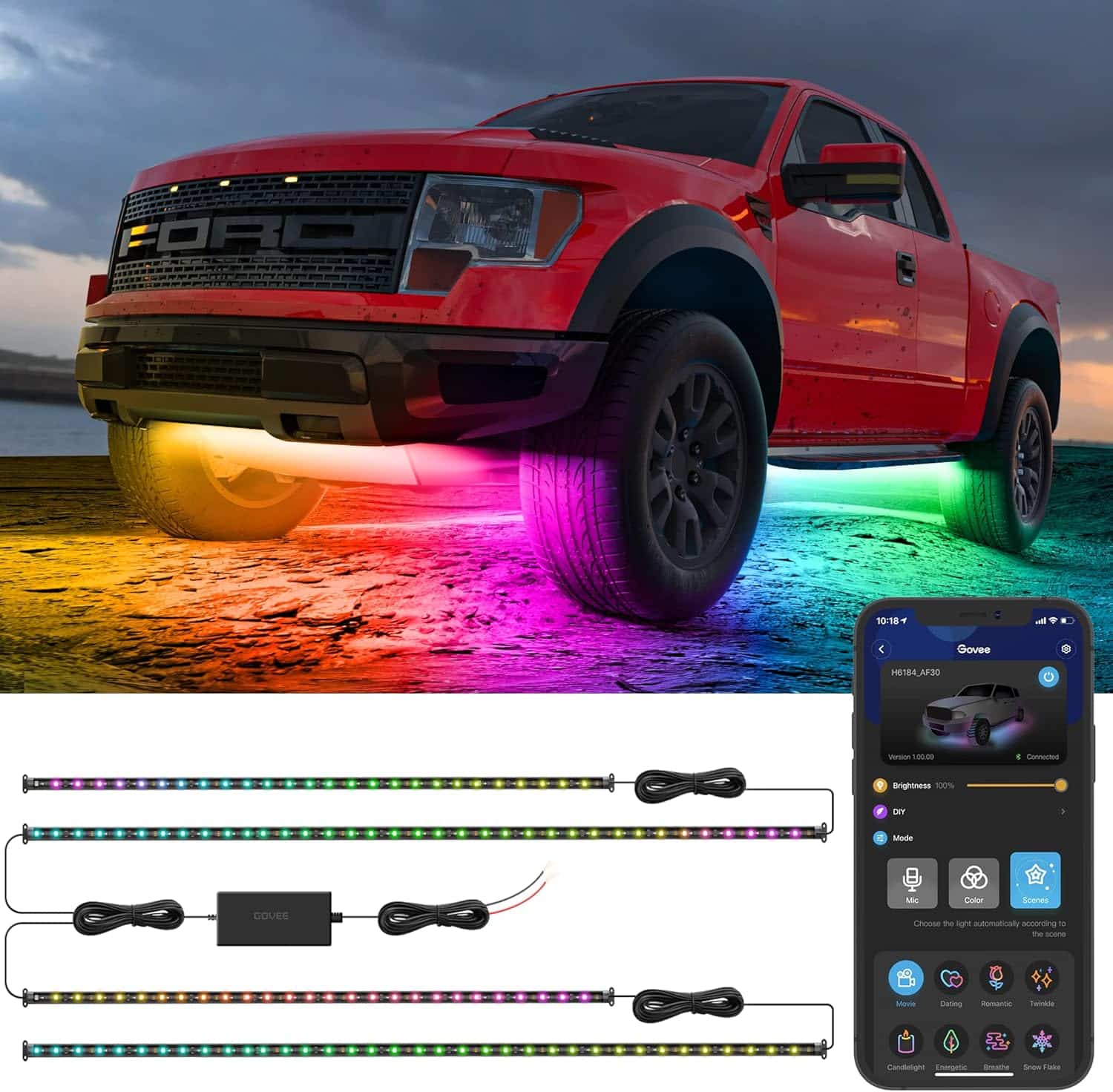 Govee Underglow Car Lights 4pcs RGBIC with 16 million colors and 10 scene modes — best smart car underglow LED kit for SUVs and trucks