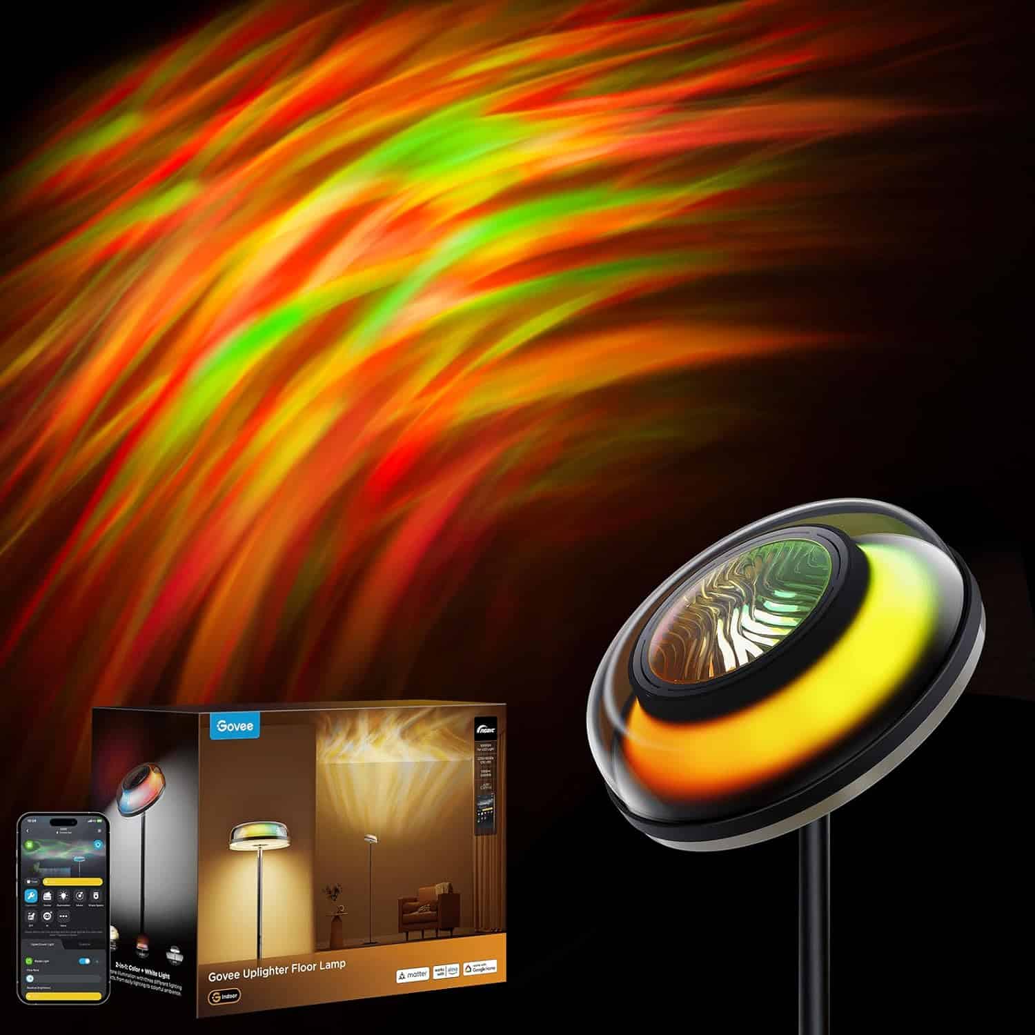 Govee Uplighter Floor Lamp RGBIC Ripple Projector SmartThings Alexa Matter — best corner accent floor lamp for gaming room