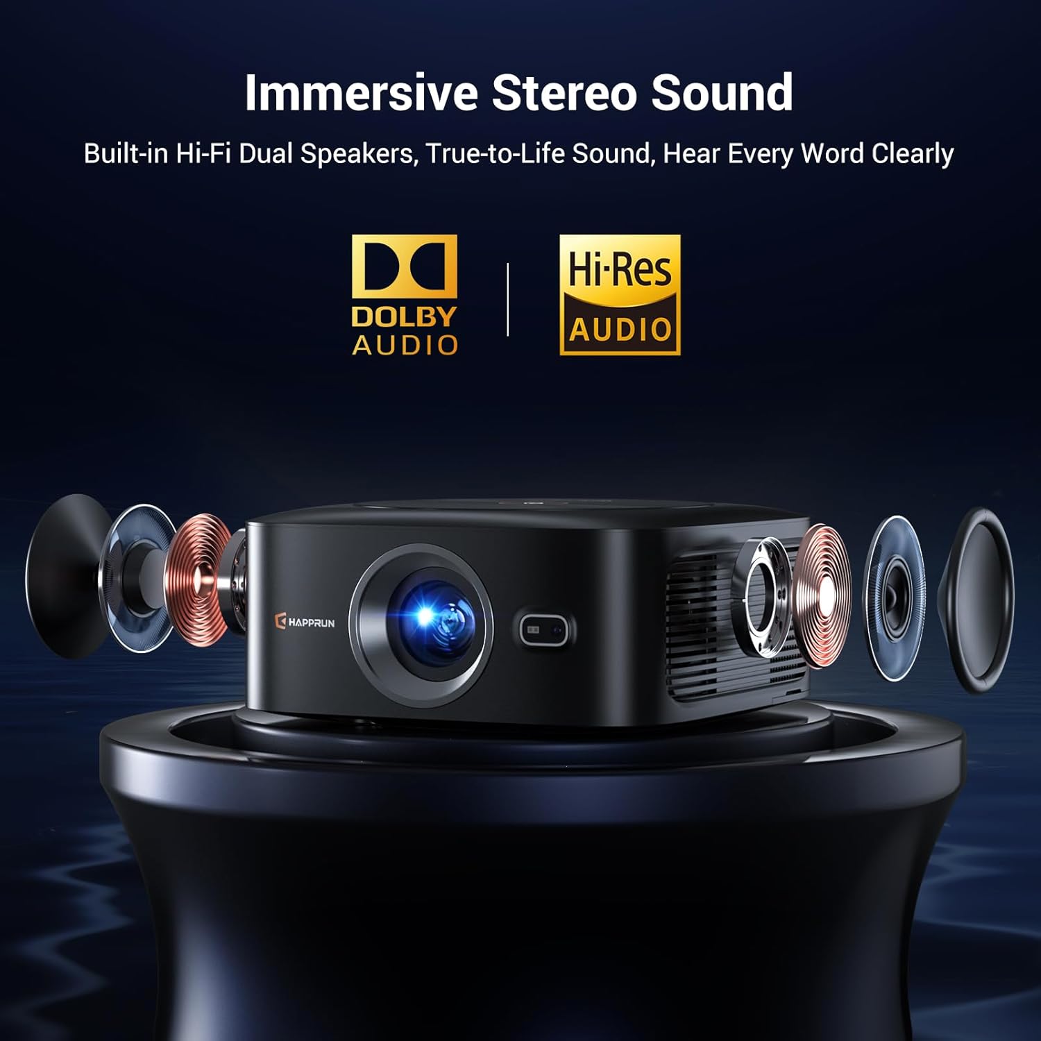 HAPPRUN projector immersive stereo quality Dolby Audio Hi-Fi speakers